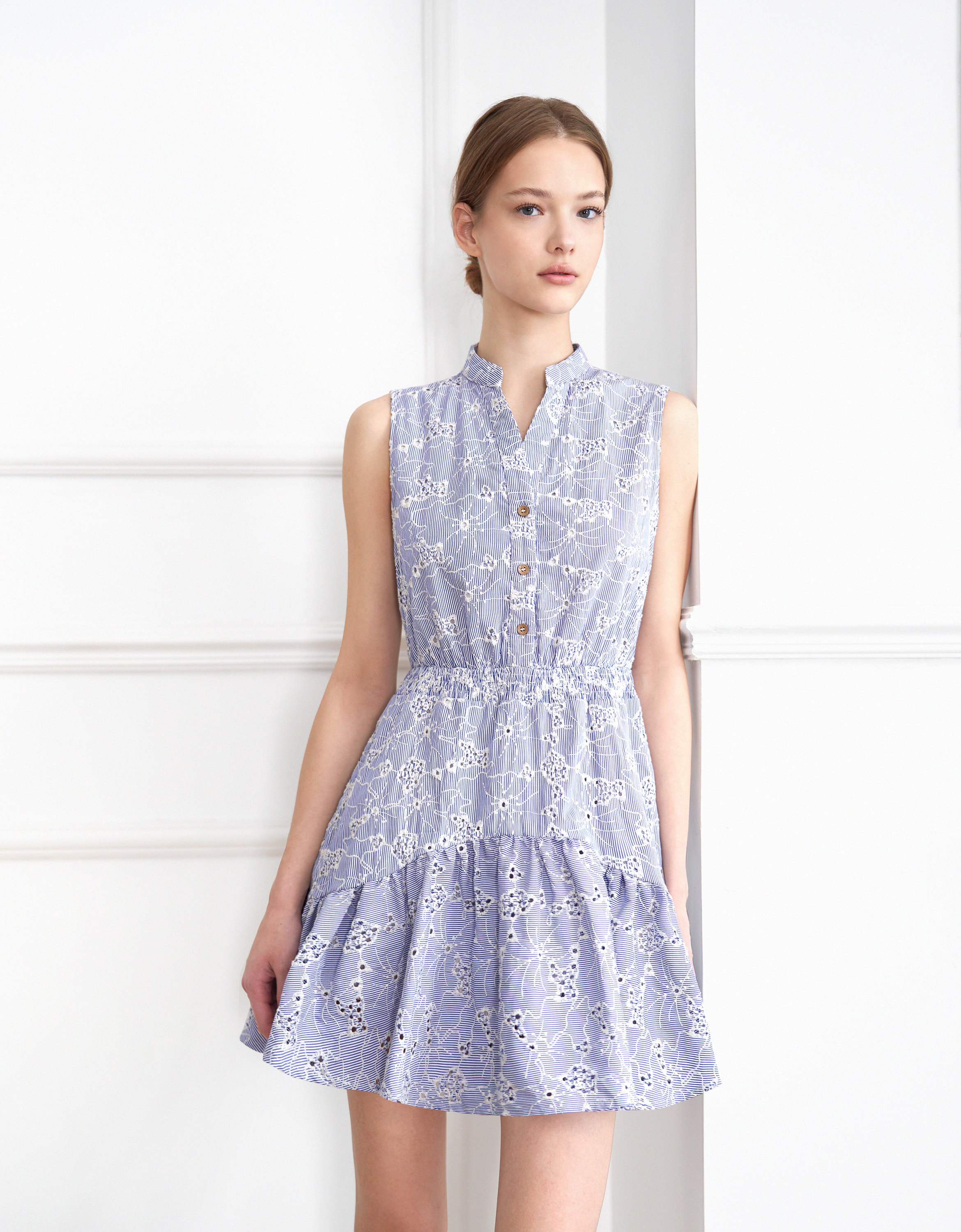 Stand Collar Sleeveless Embroidered Dress
