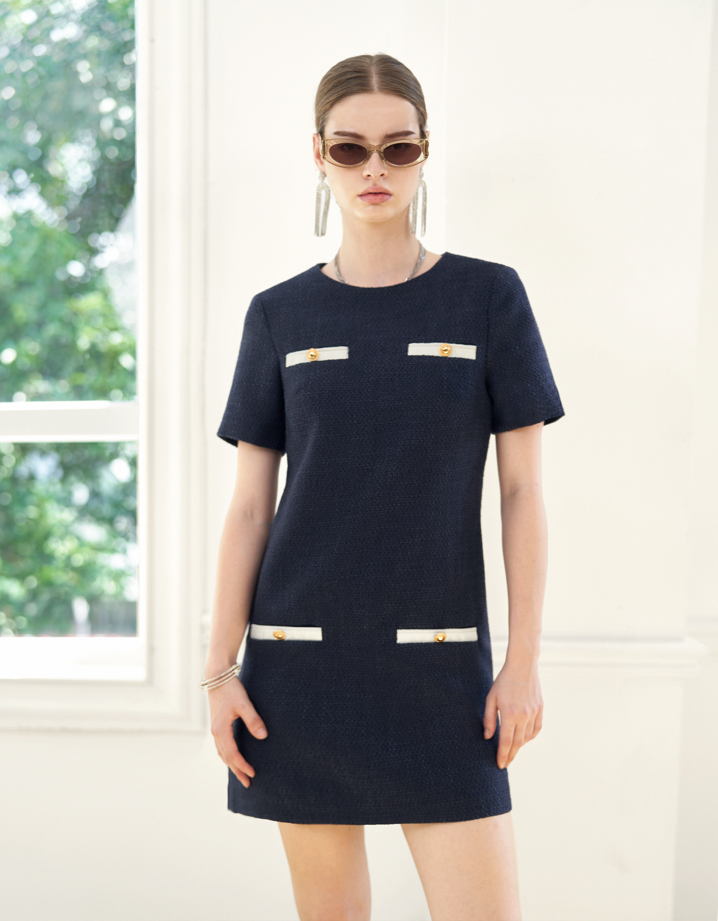 Contrast Detail Short Sleeve Tweed Dress