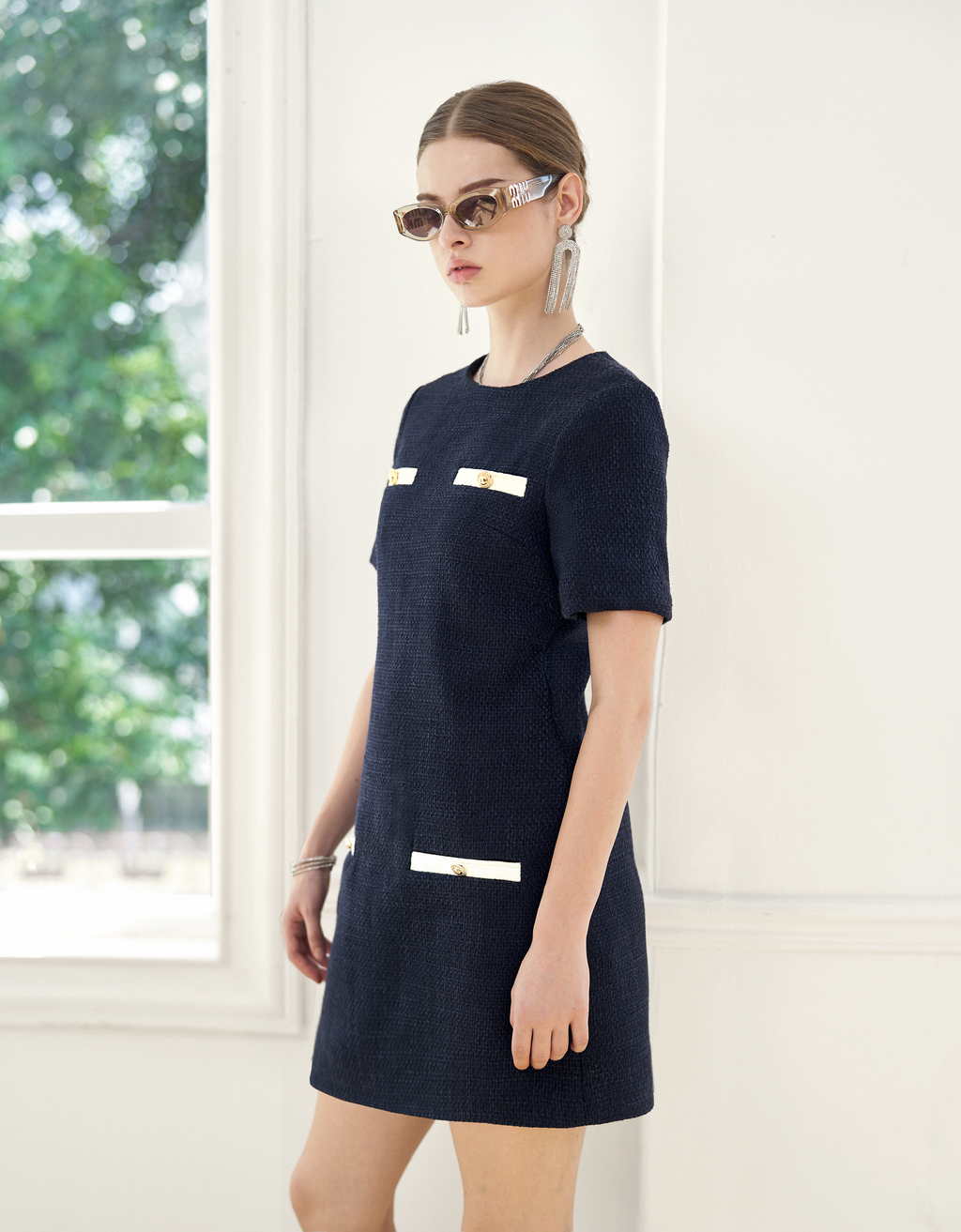 Contrast Detail Short Sleeve Tweed Dress
