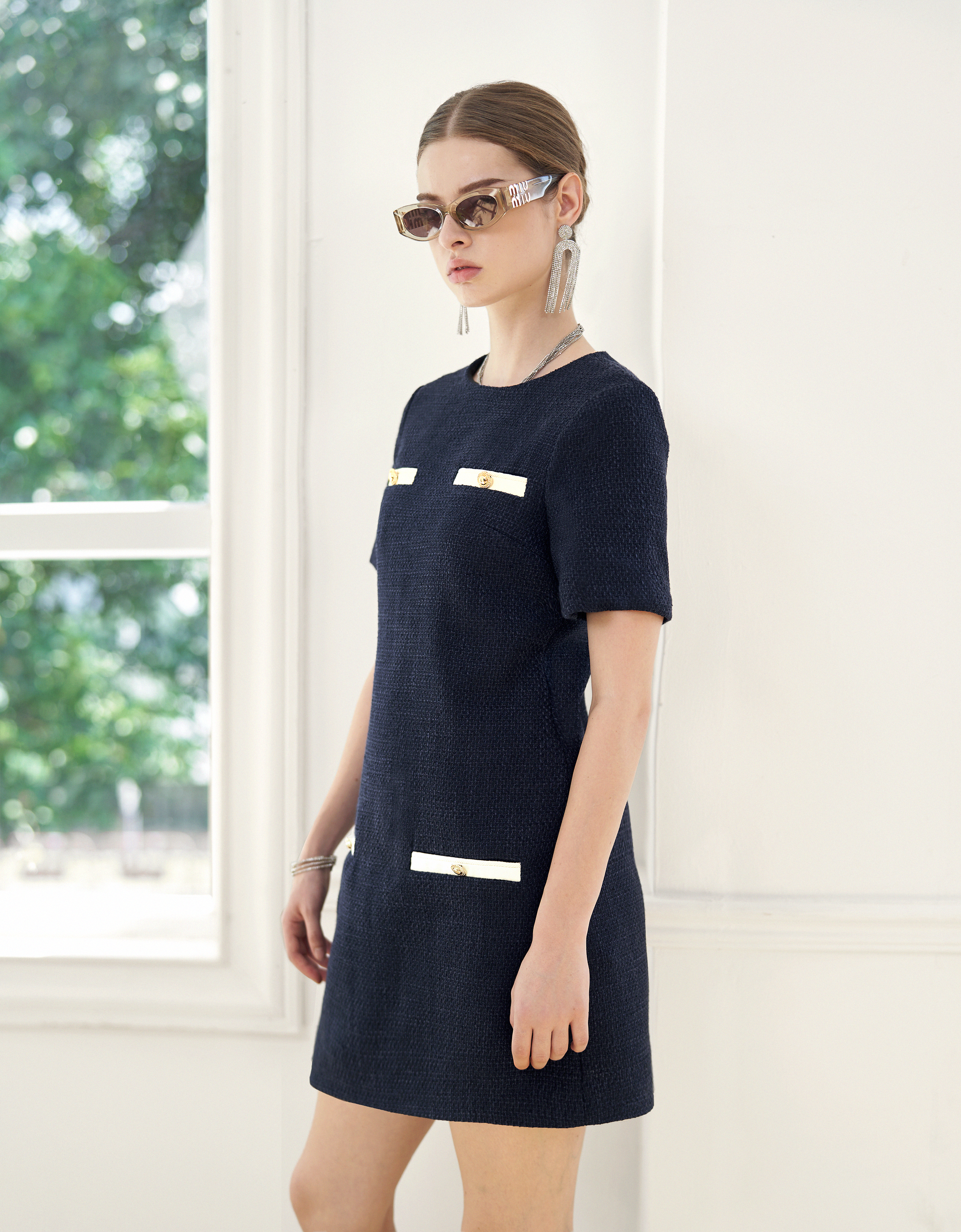Contrast Detail Short Sleeve Tweed Dress