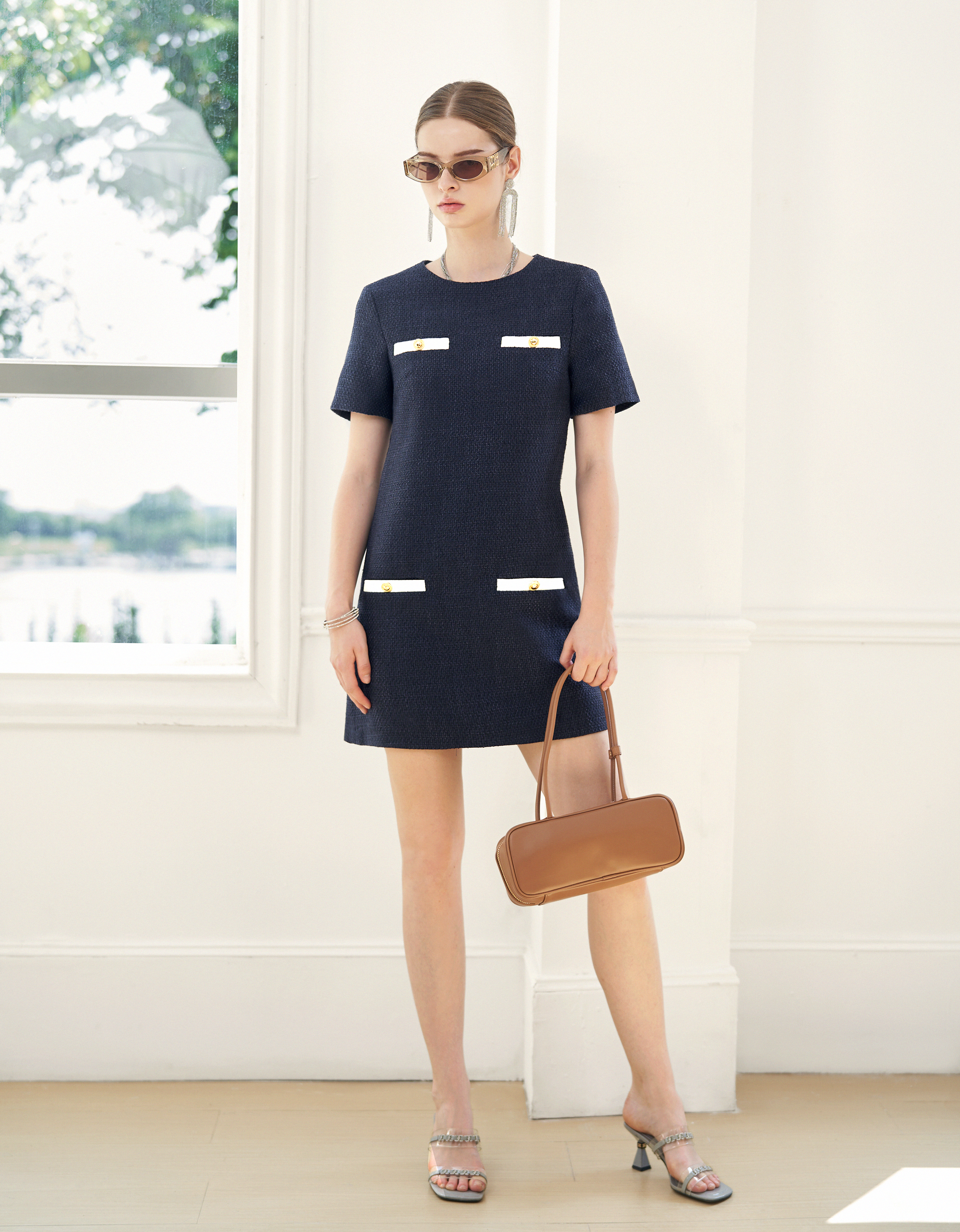 Contrast Detail Short Sleeve Tweed Dress