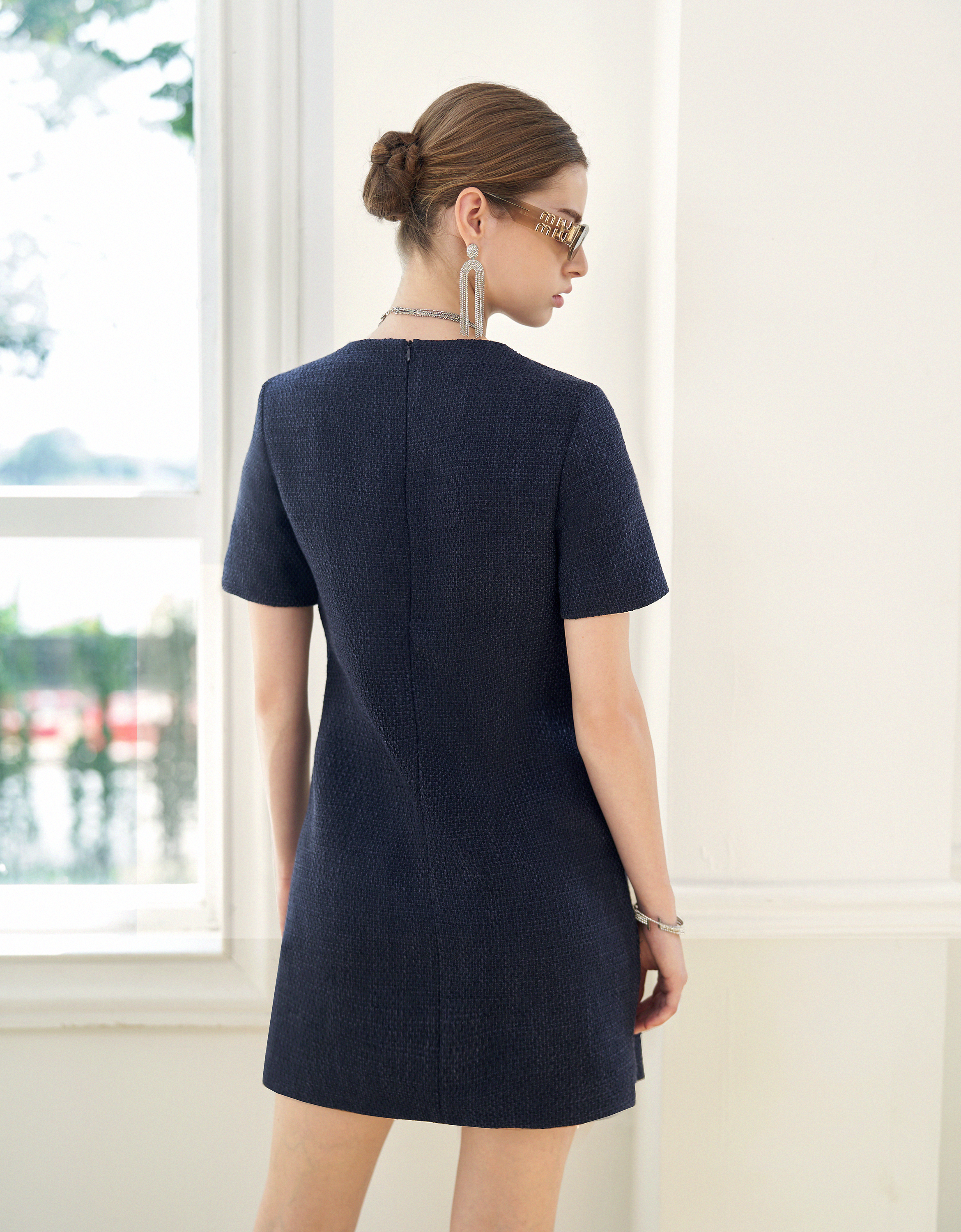 Contrast Detail Short Sleeve Tweed Dress