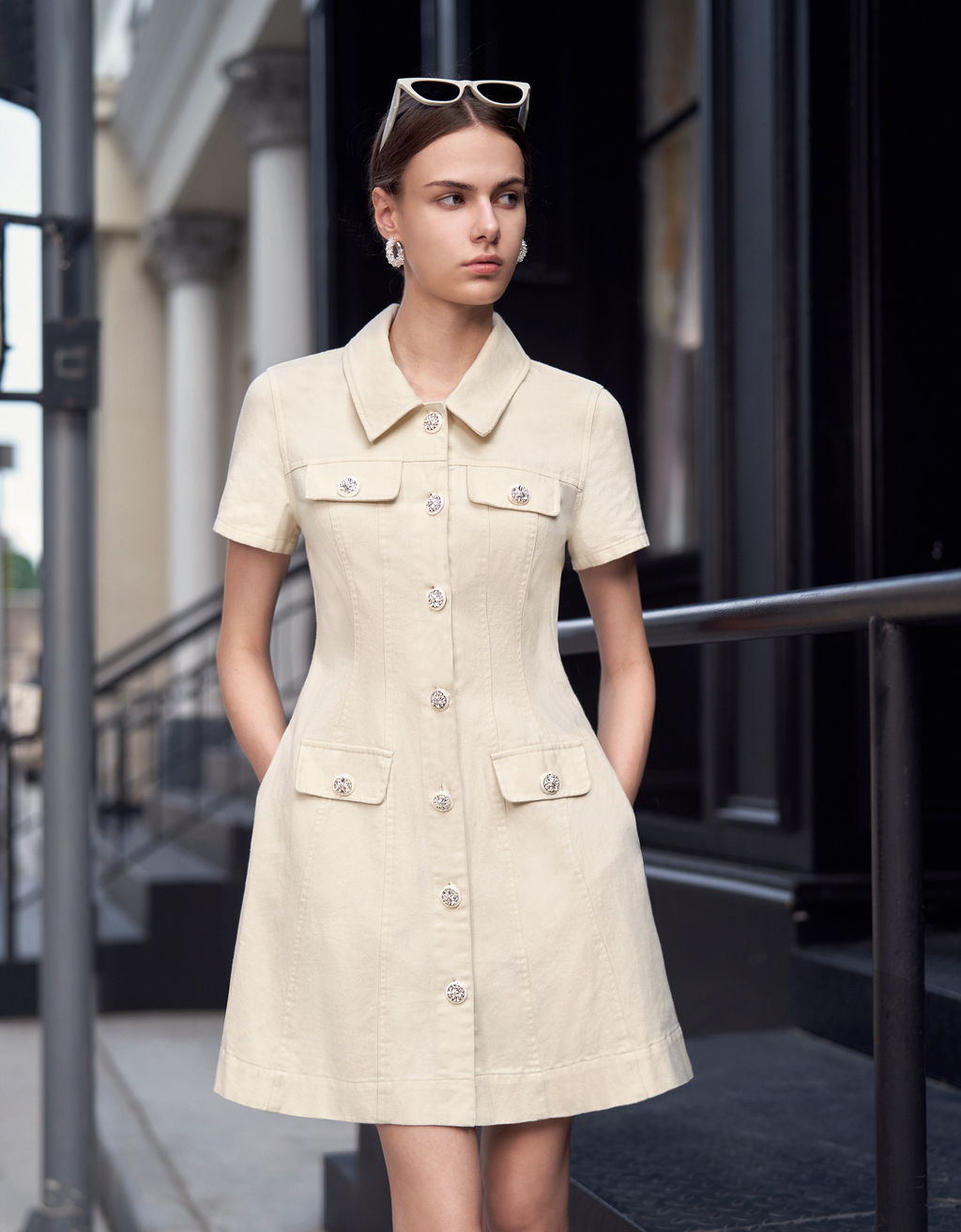 Diamond Button Front Short Sleeve Dress