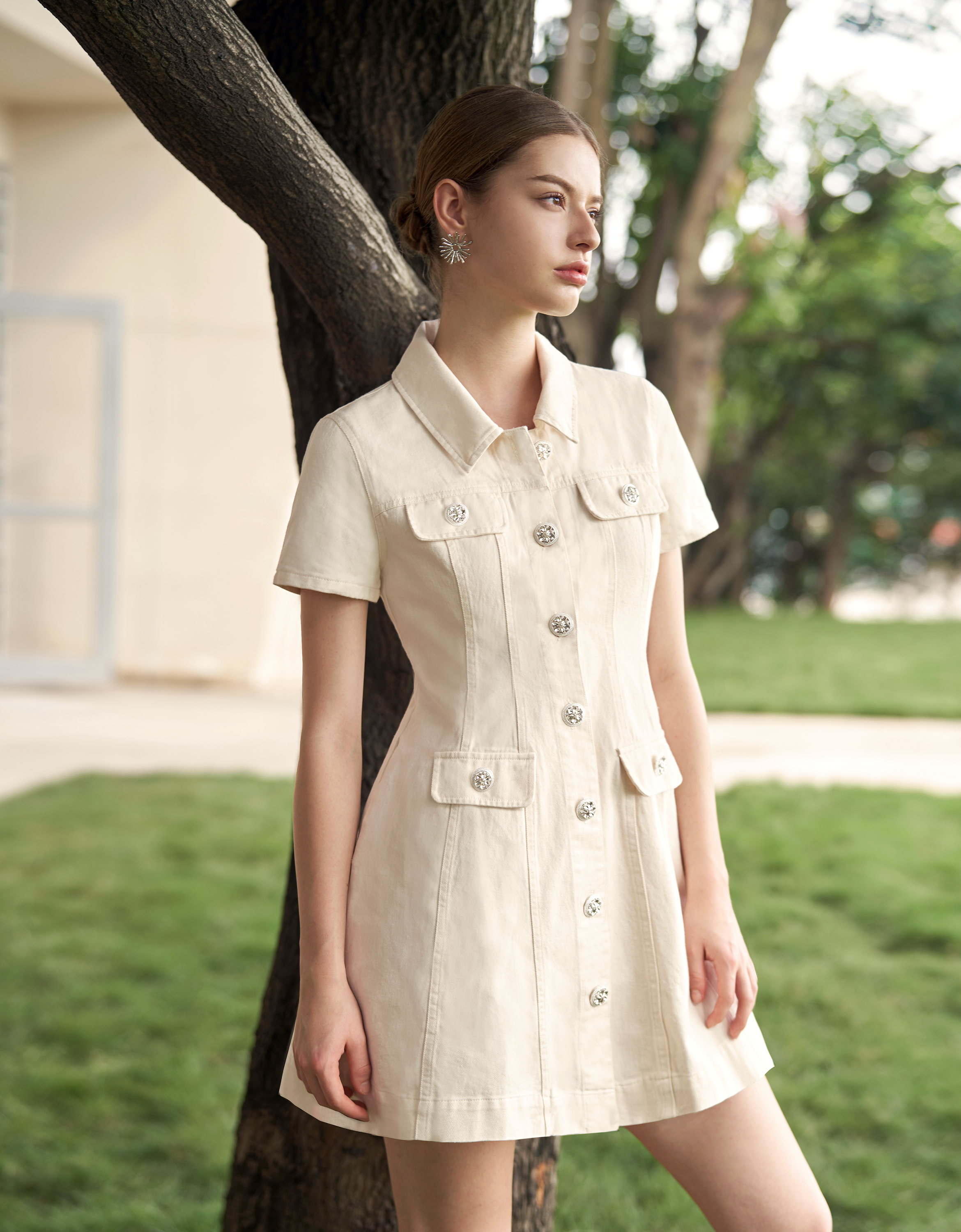 Diamond Button Front Short Sleeve Dress