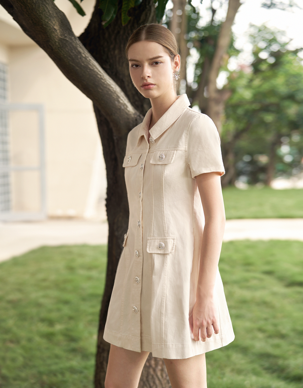 Diamond Button Front Short Sleeve Dress