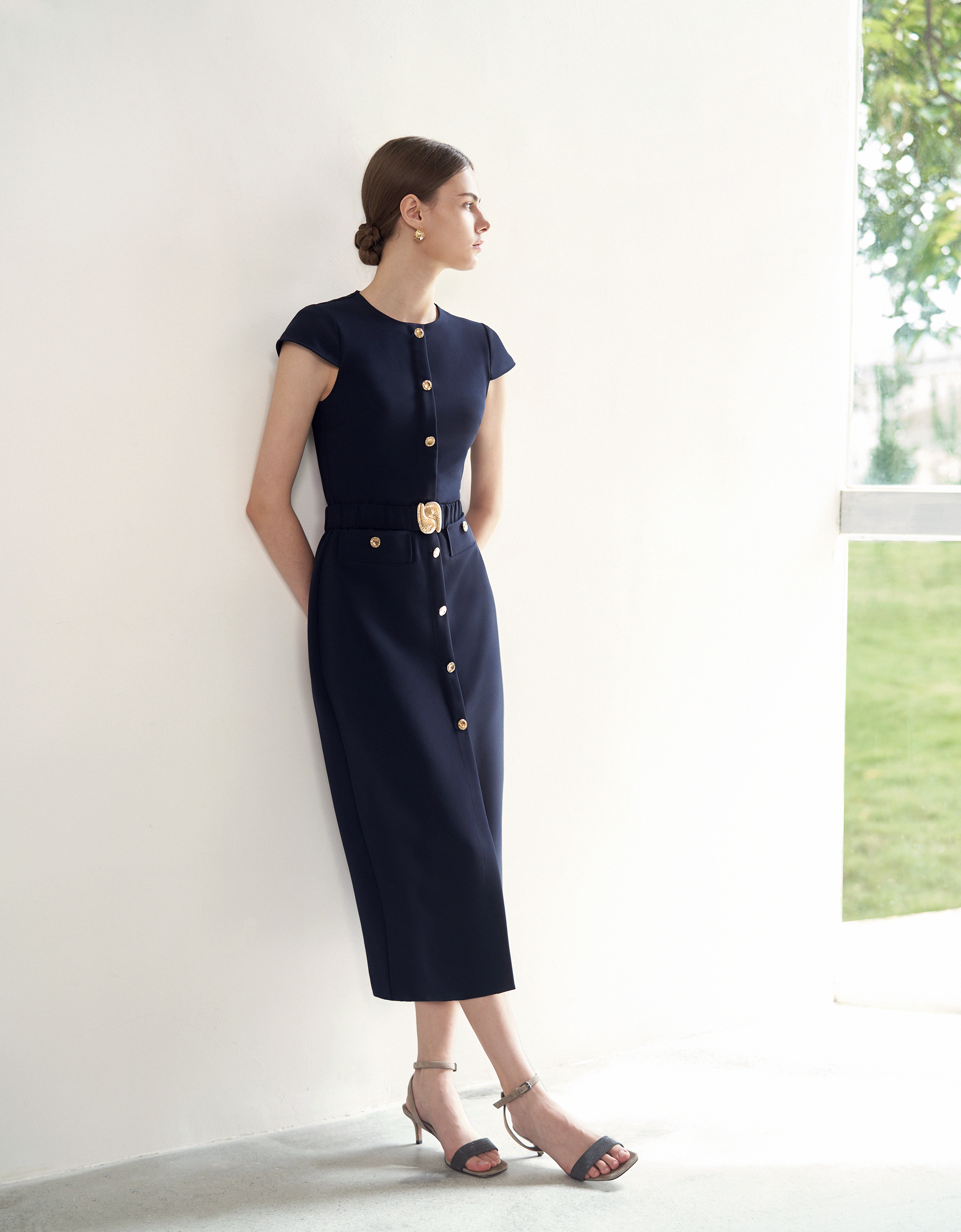 Cap Sleeve Button Front Midi Dress