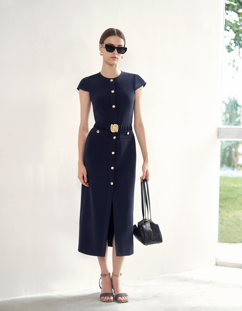 Cap Sleeve Button Front Midi Dress