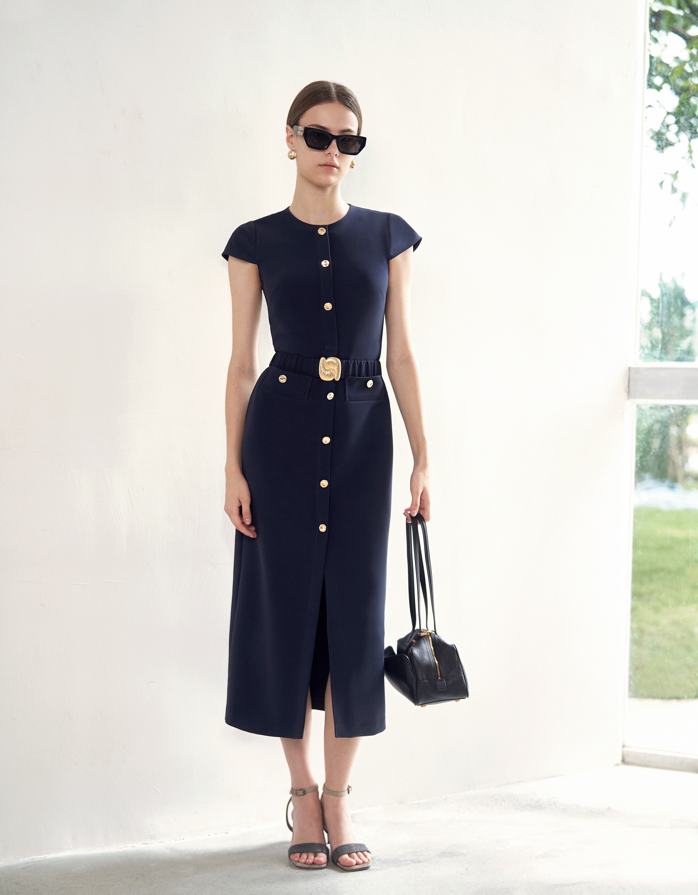 Cap Sleeve Button Front Midi Dress