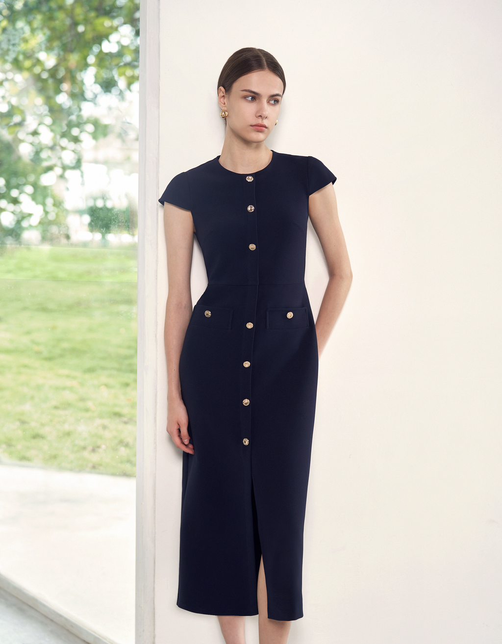 Cap Sleeve Button Front Midi Dress