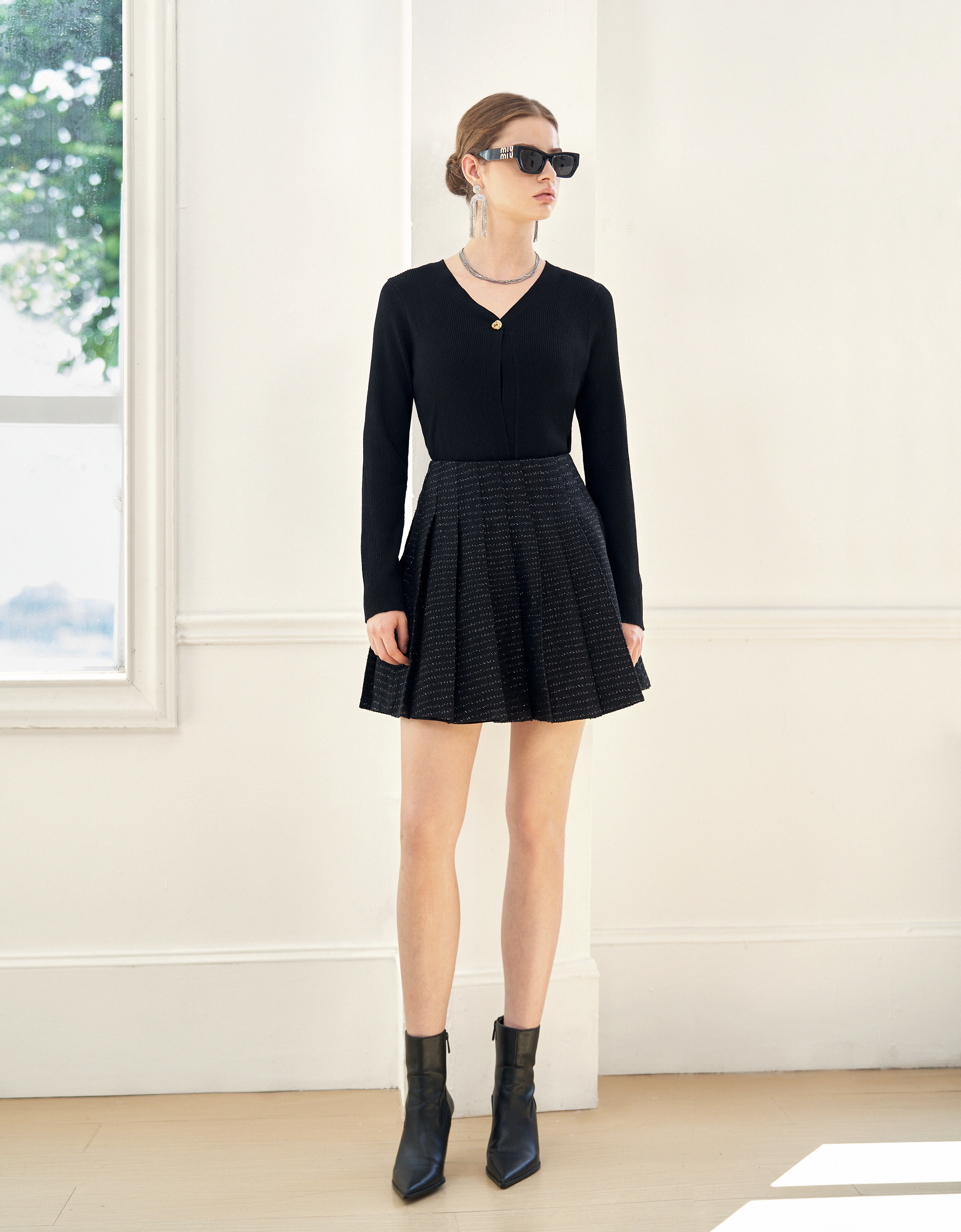 A-line Pleated Tweed Skirt