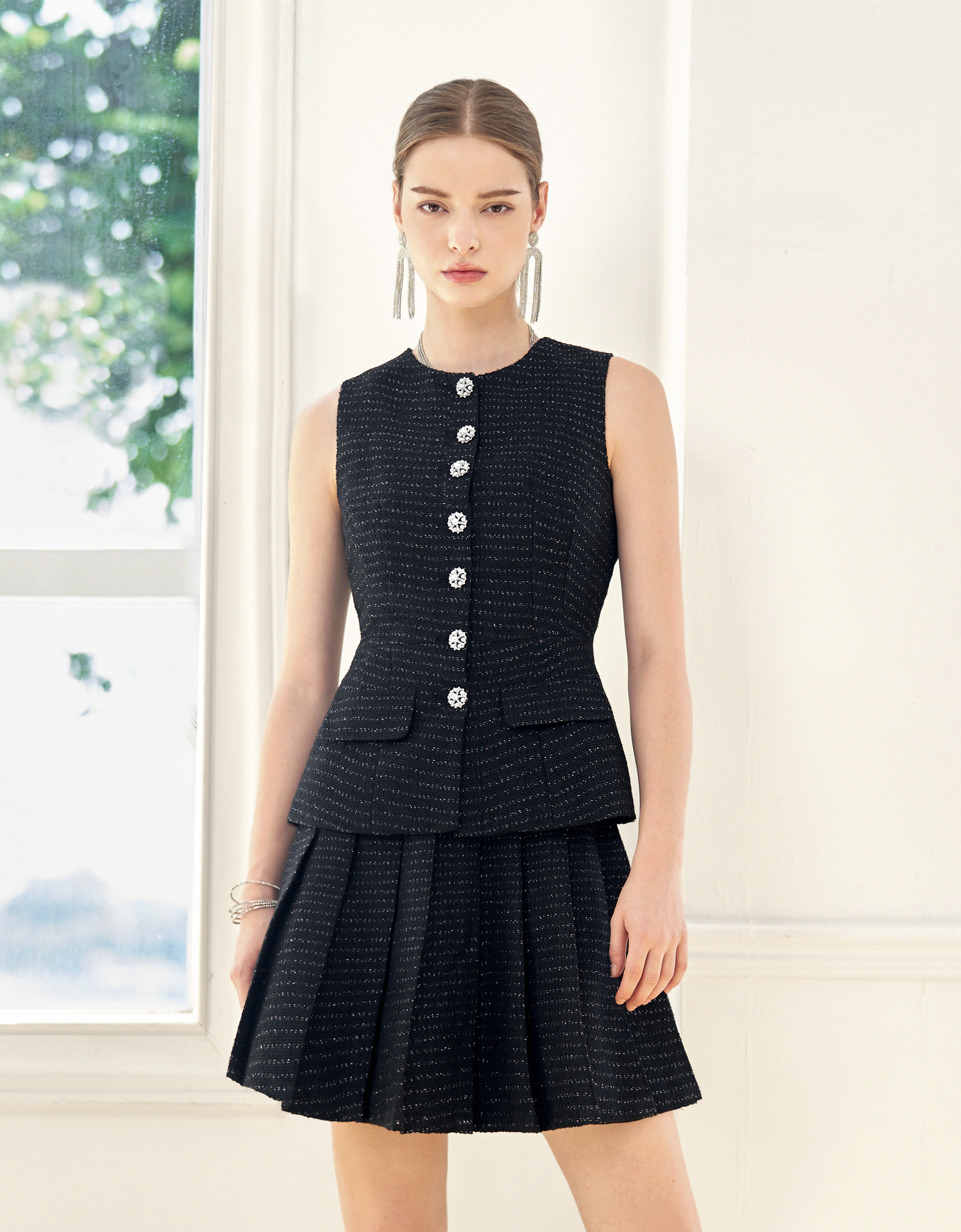 A-line Pleated Tweed Skirt