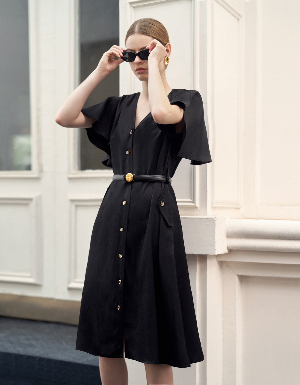 Ruffle Sleeve Button Front Midi Dress