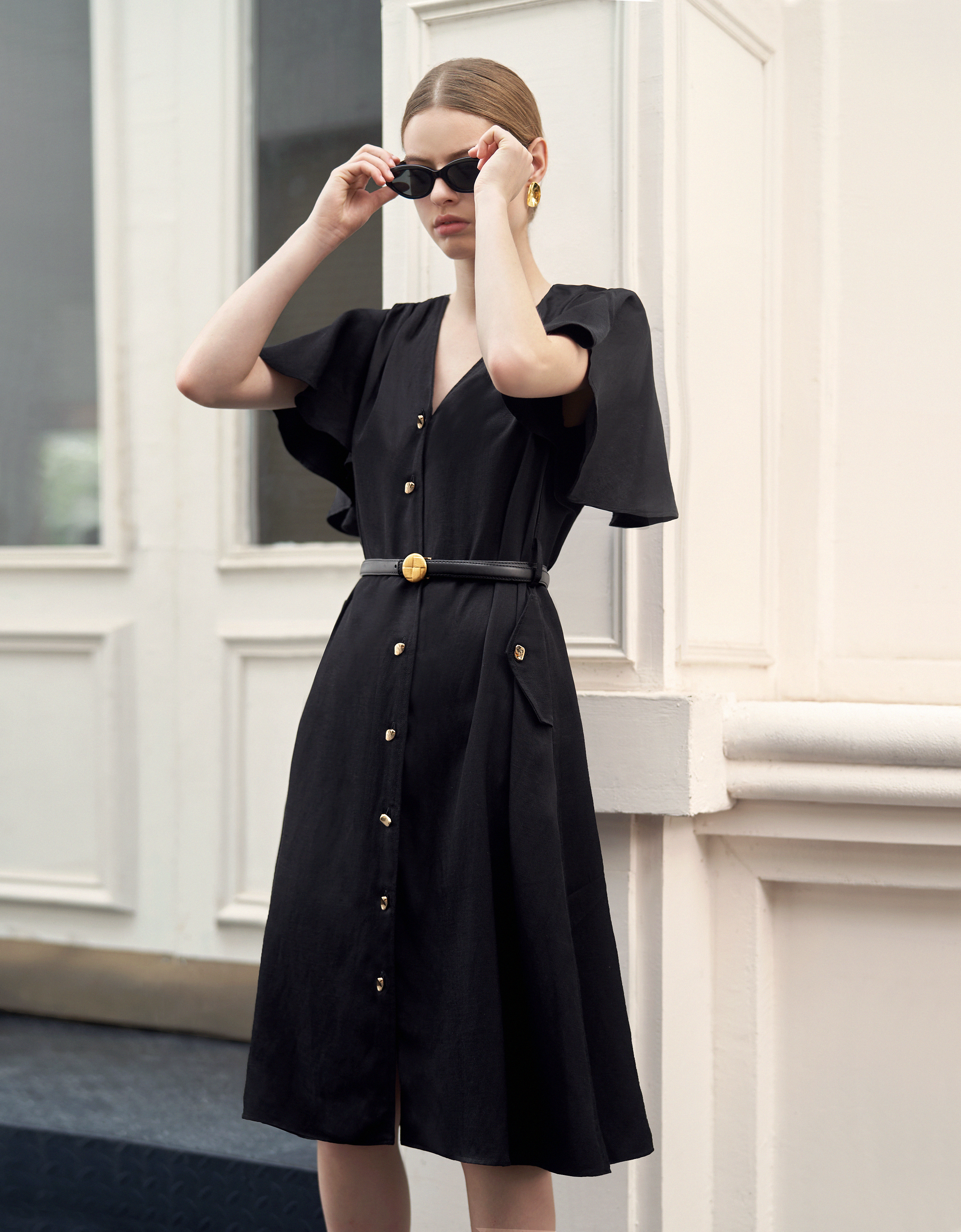 Ruffle Sleeve Button Front Midi Dress