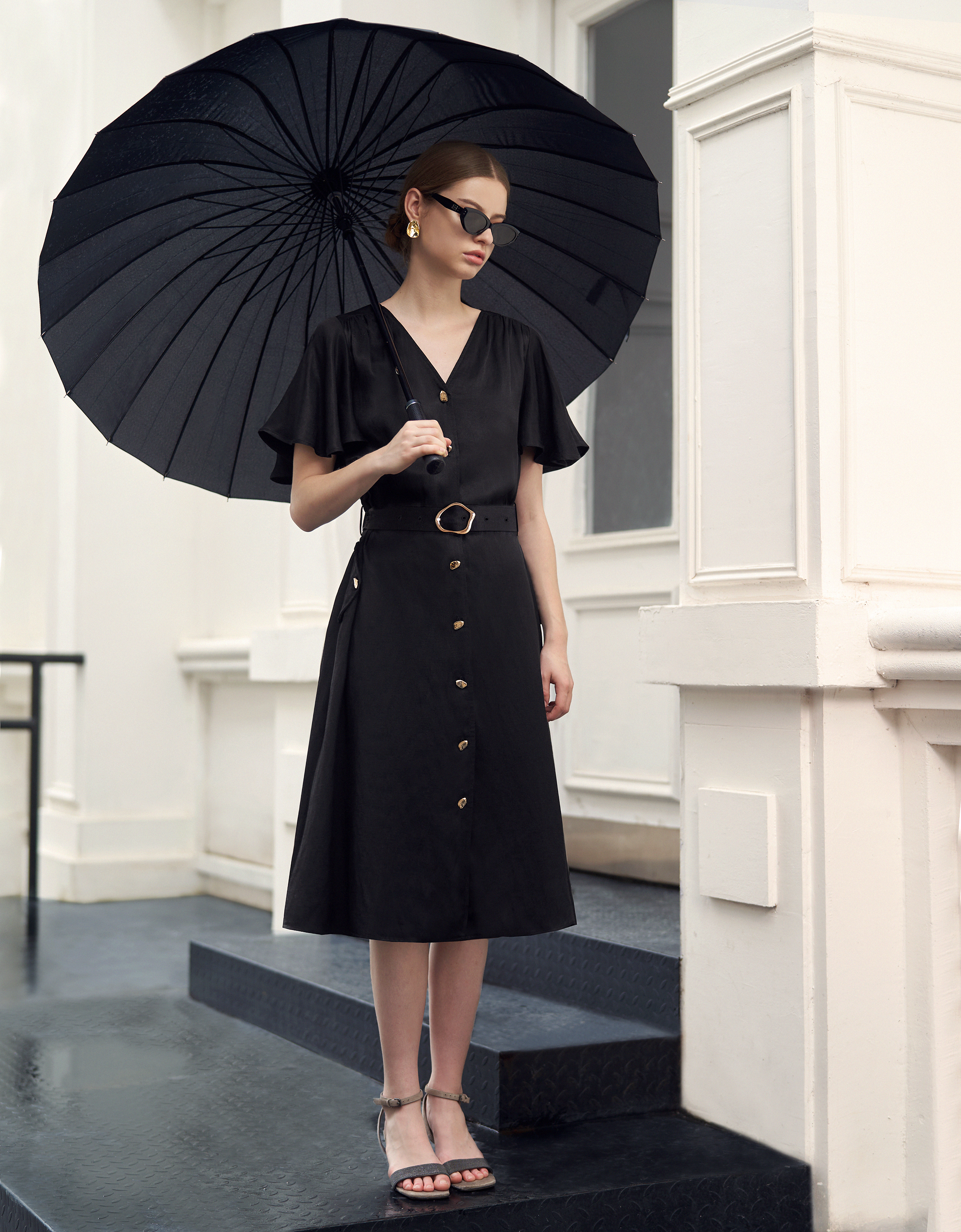 Ruffle Sleeve Button Front Midi Dress
