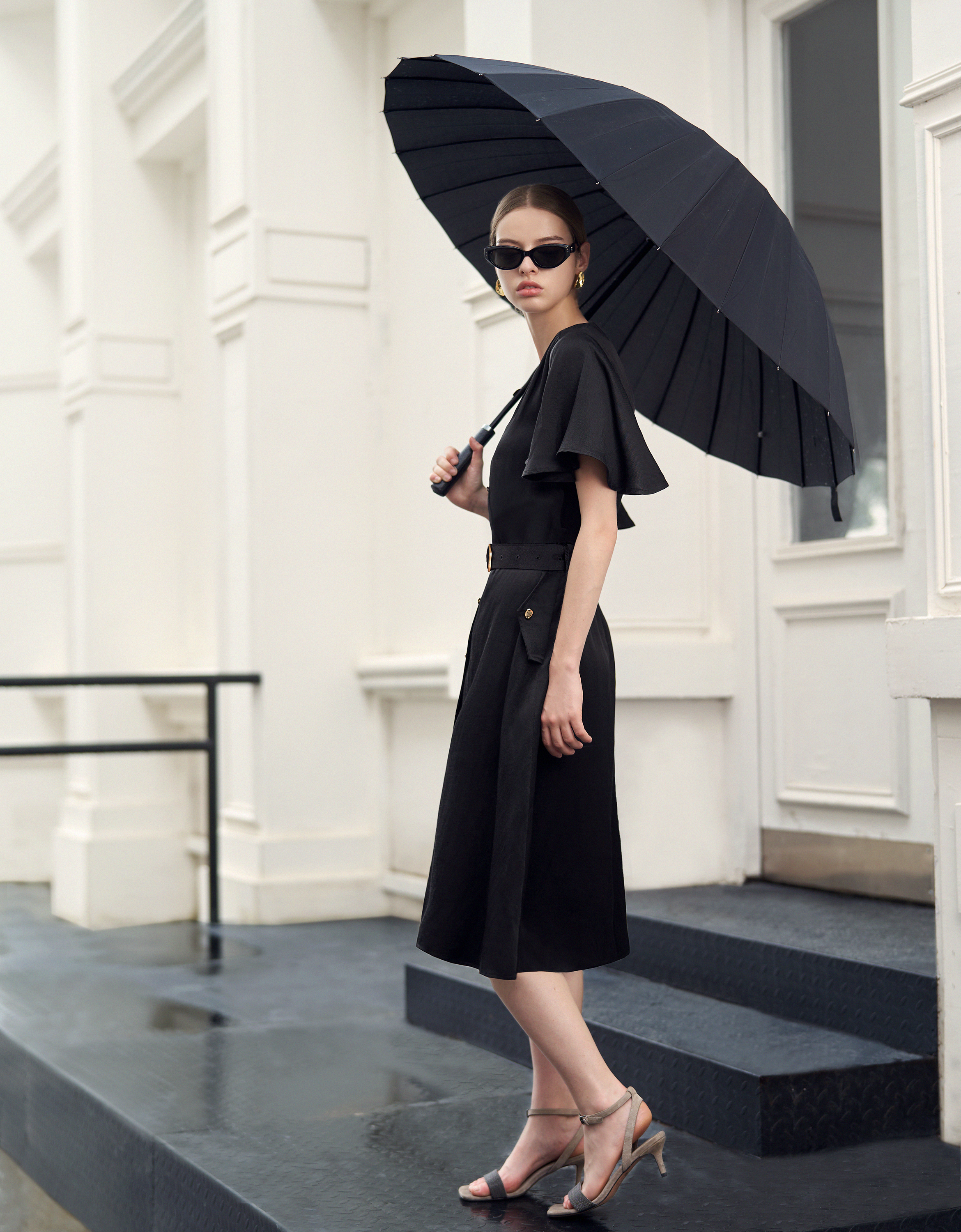 Ruffle Sleeve Button Front Midi Dress