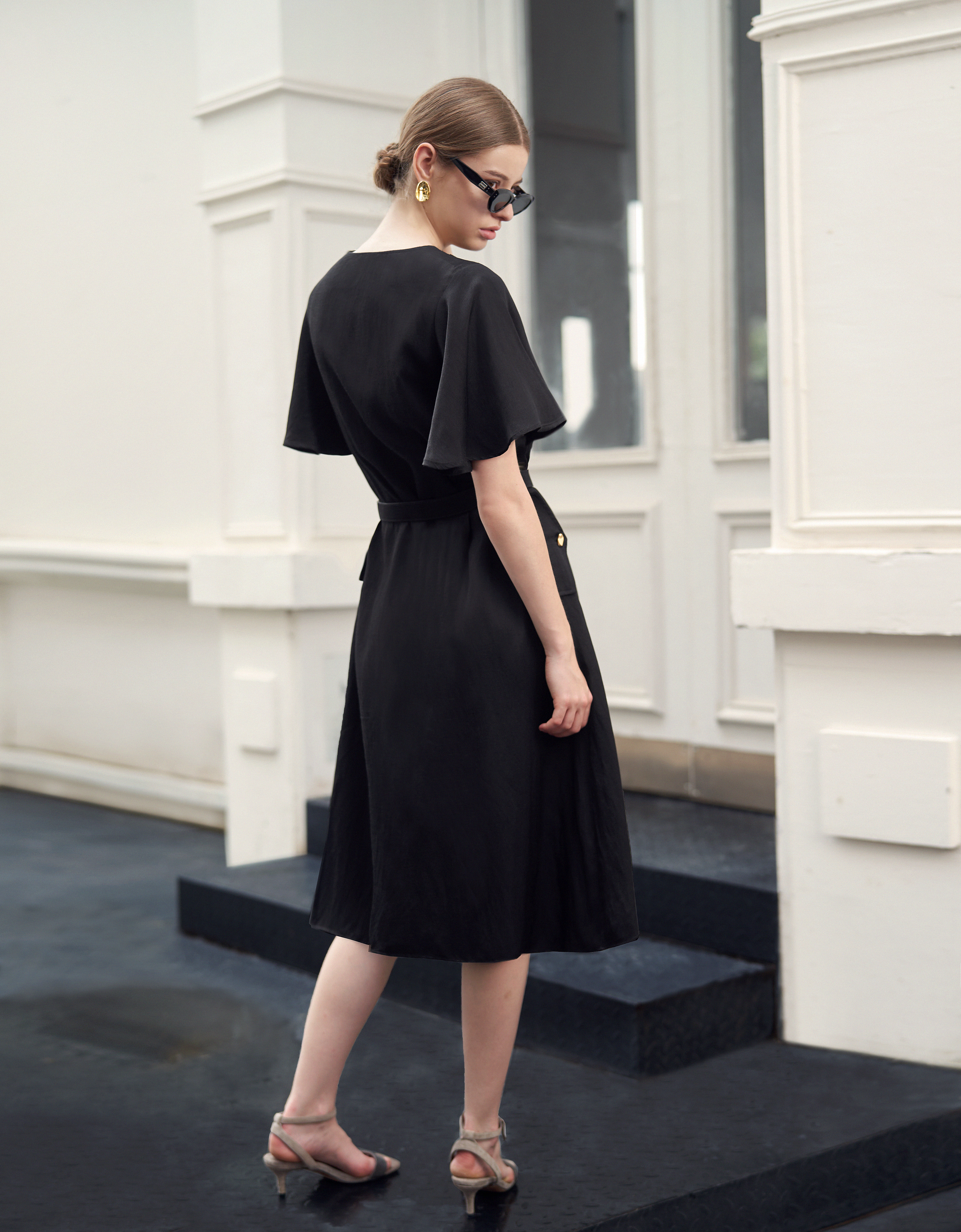 Ruffle Sleeve Button Front Midi Dress