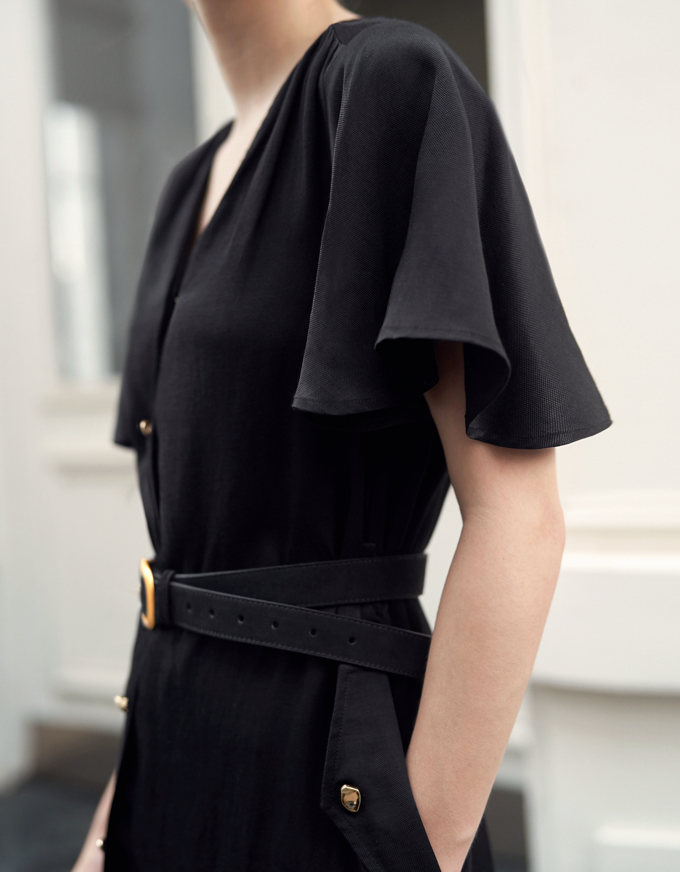 Ruffle Sleeve Button Front Midi Dress