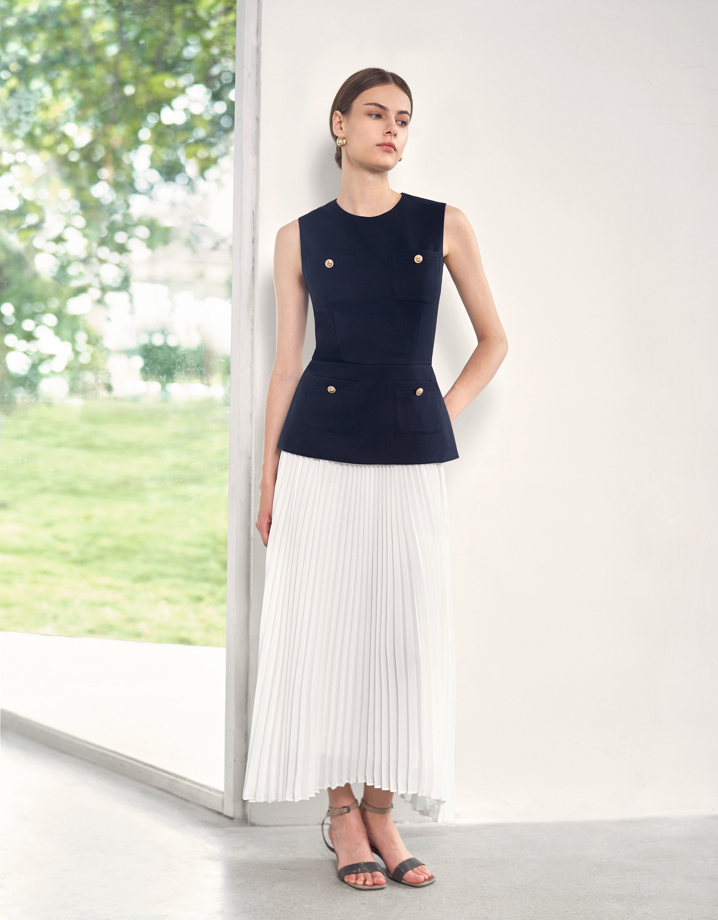 Pleated Skirt Colorblock Maxi Dress
