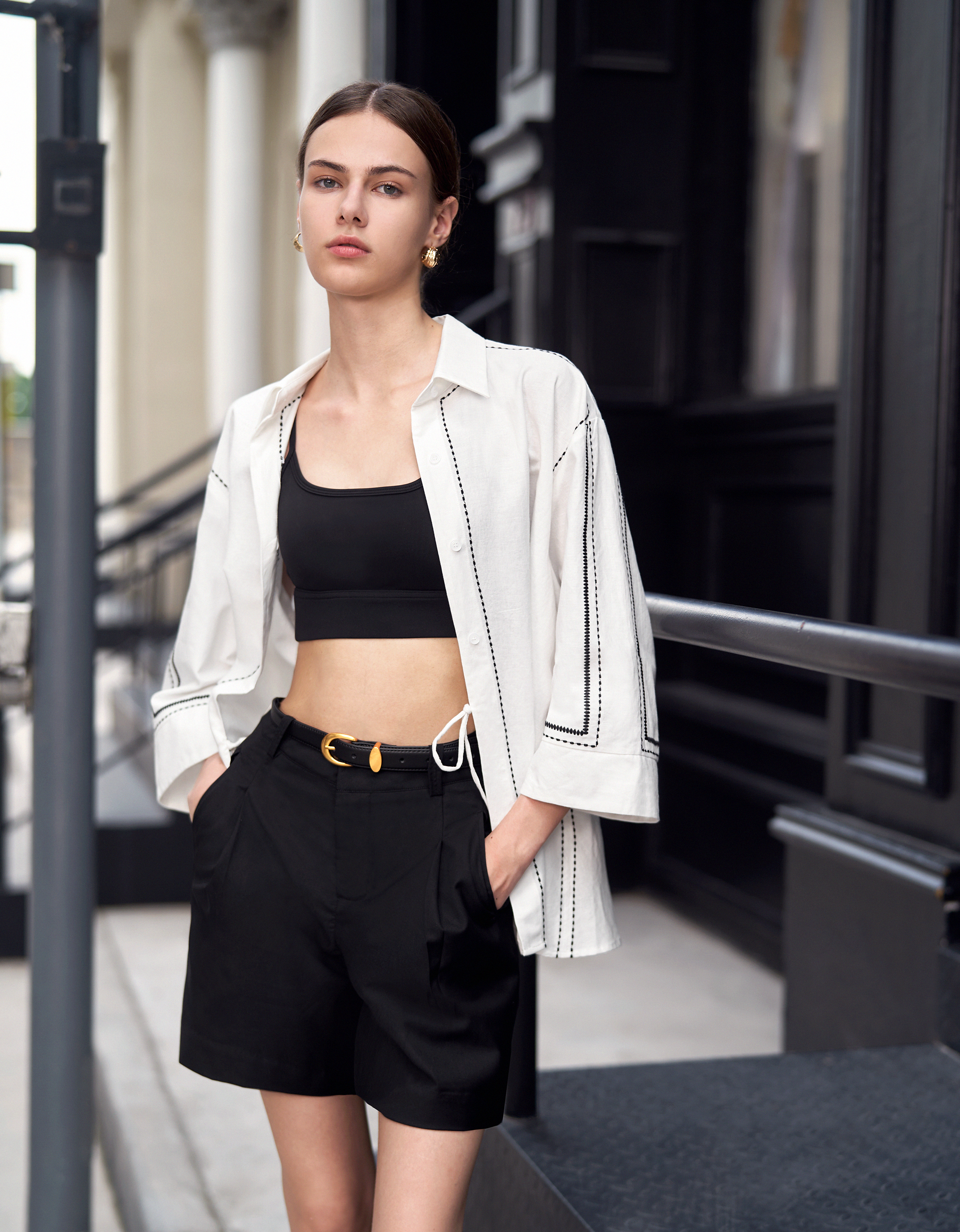 Contrast Topstitch Asymmetric Long Sleeve Shirt