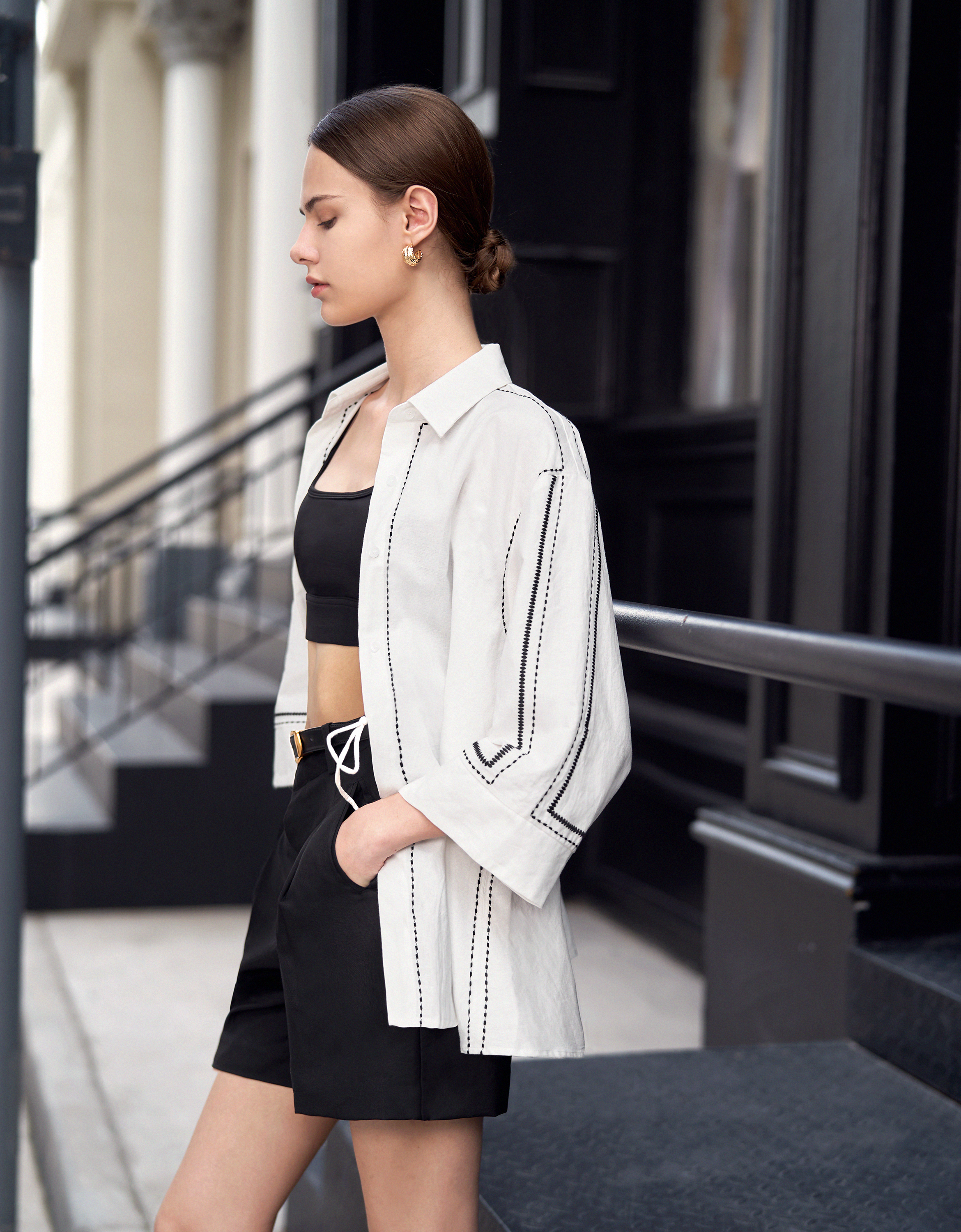 Contrast Topstitch Asymmetric Long Sleeve Shirt