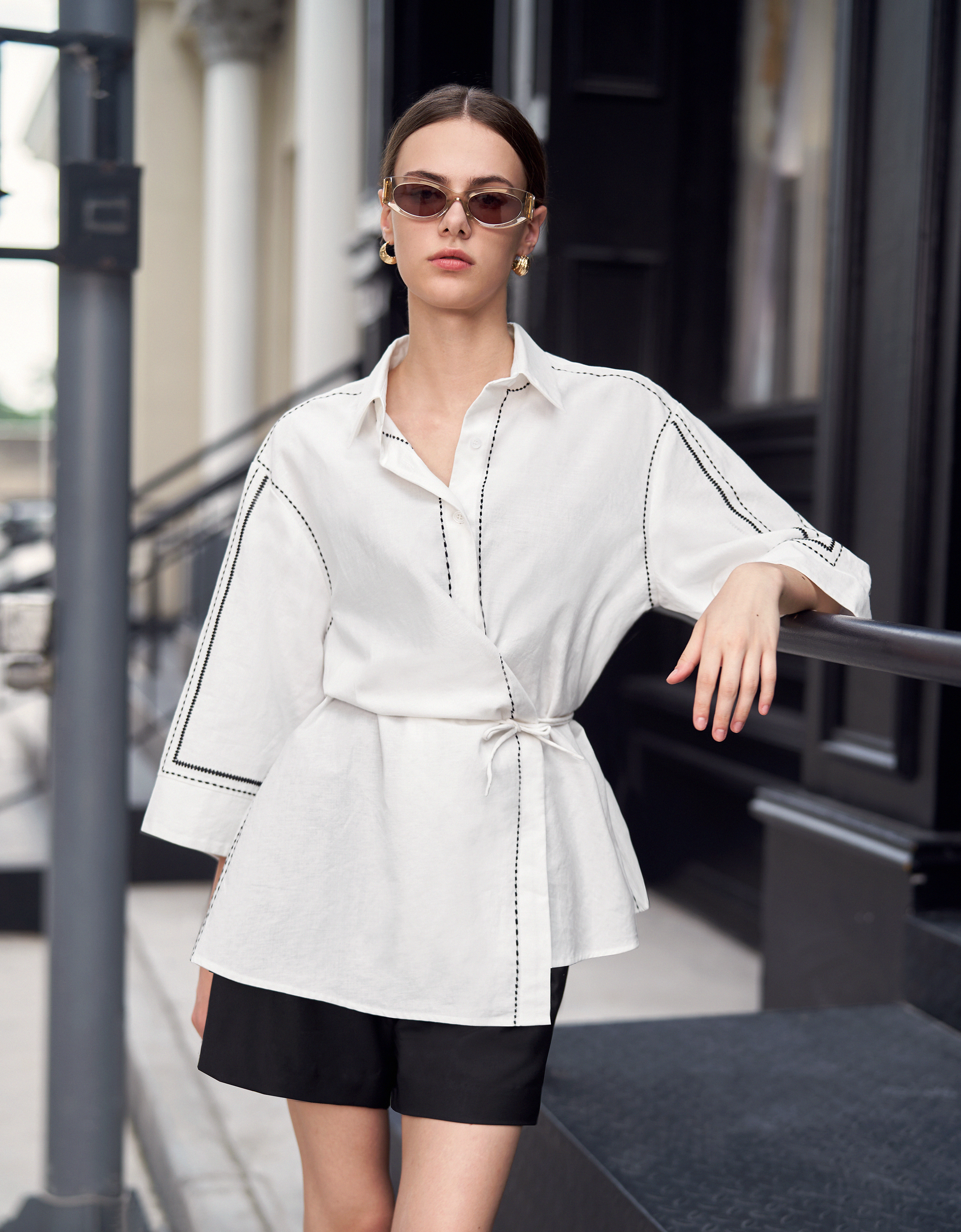 Contrast Topstitch Asymmetric Long Sleeve Shirt