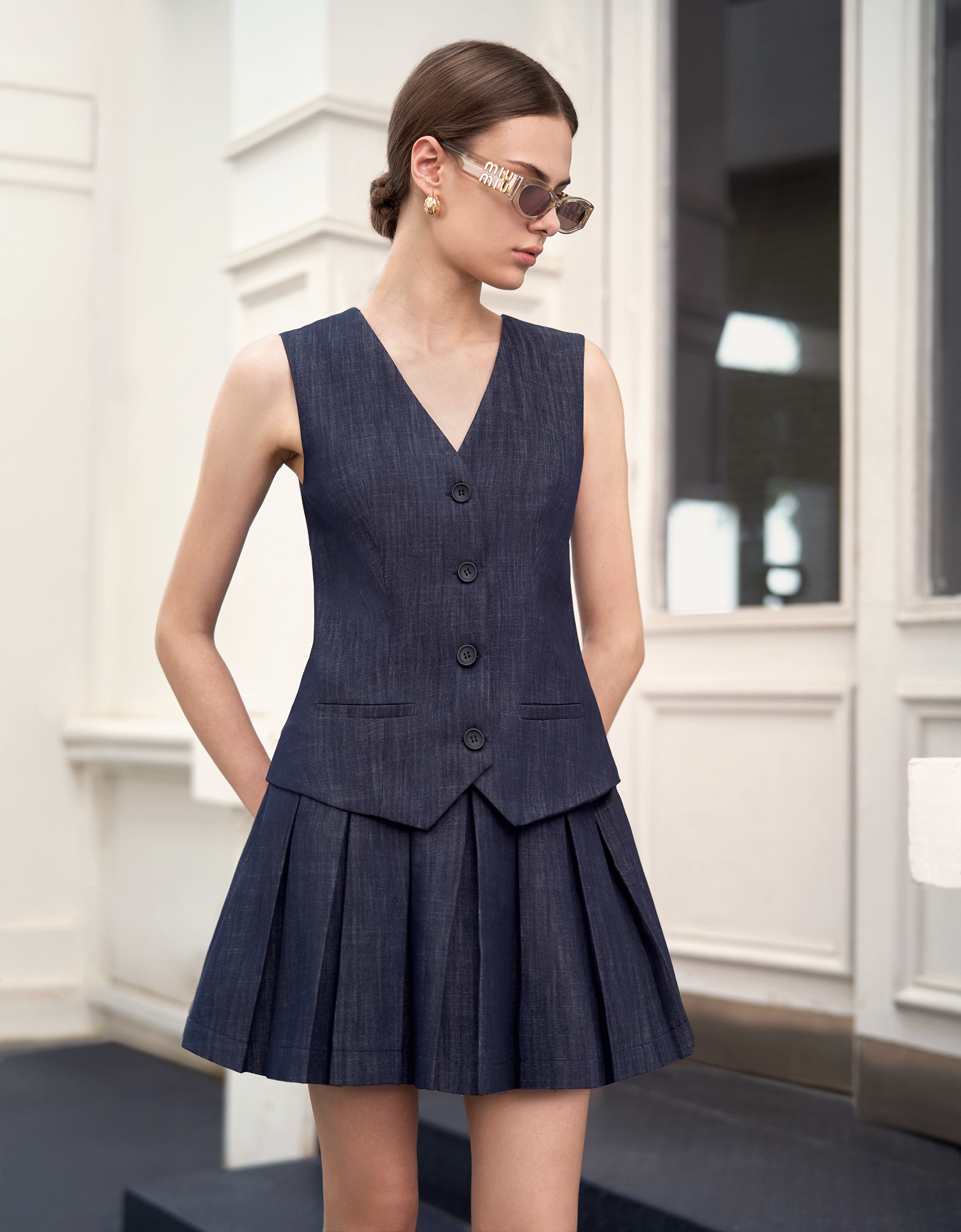 Pleated Skirt Denim Vest Dress