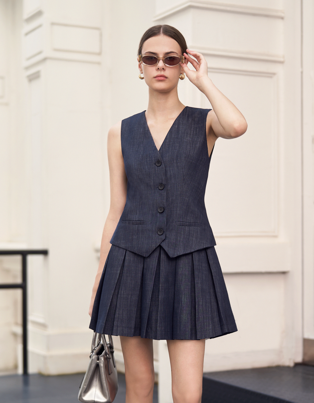 Pleated Skirt Denim Vest Dress