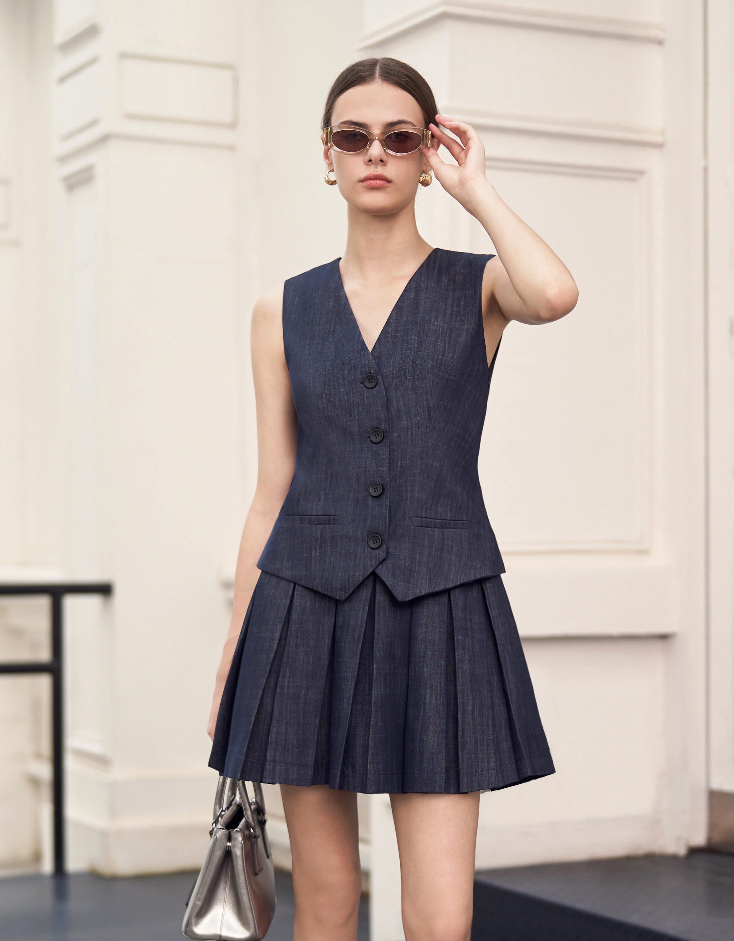 Pleated Skirt Denim Vest Dress