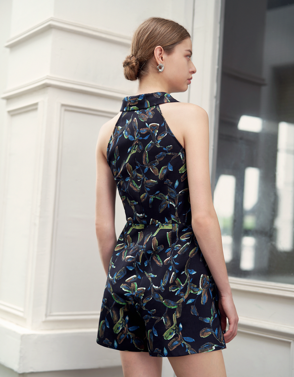 Botanical Print Collared Sleeveless Romper