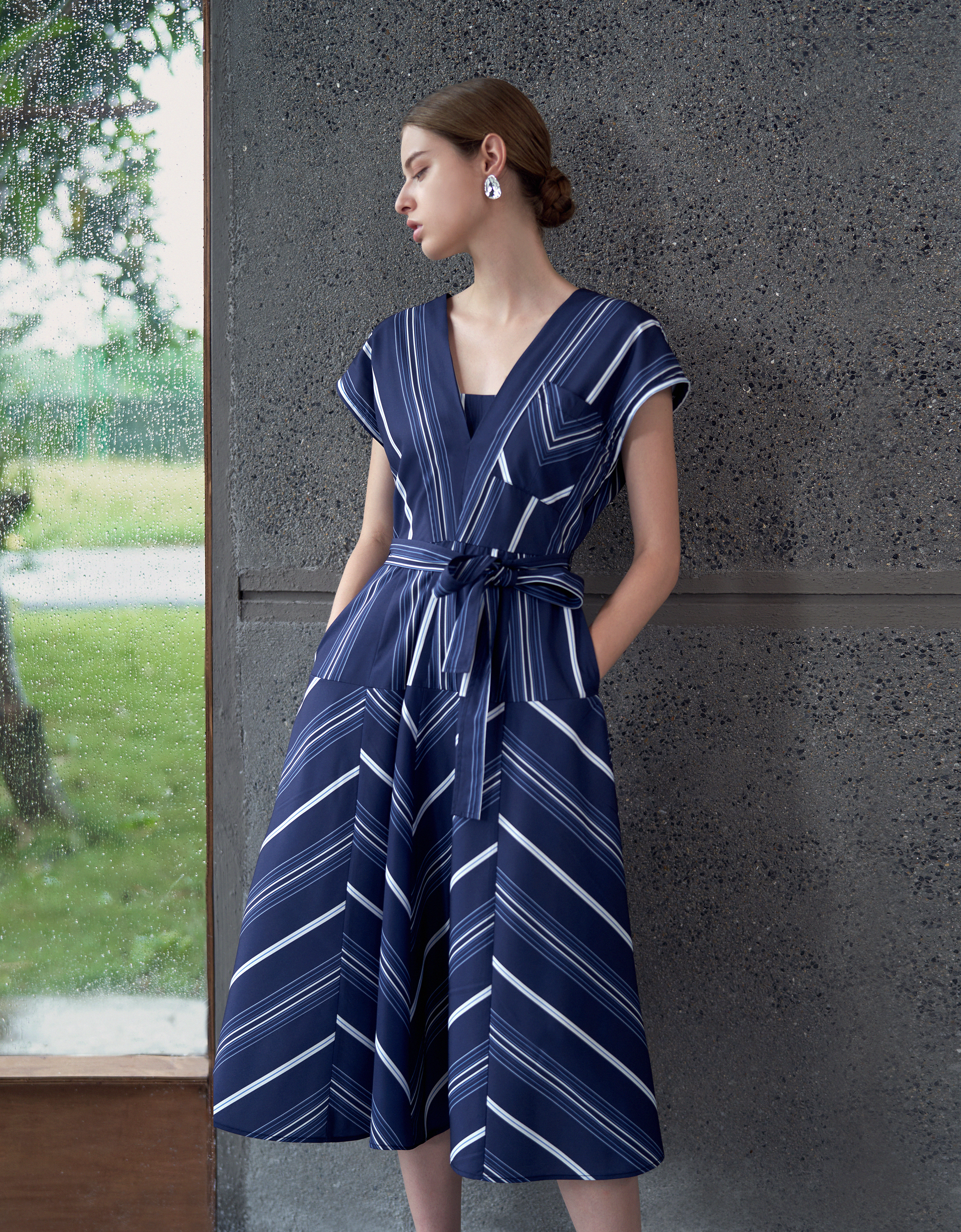 Wide Skirt V-neck Stripe Dress