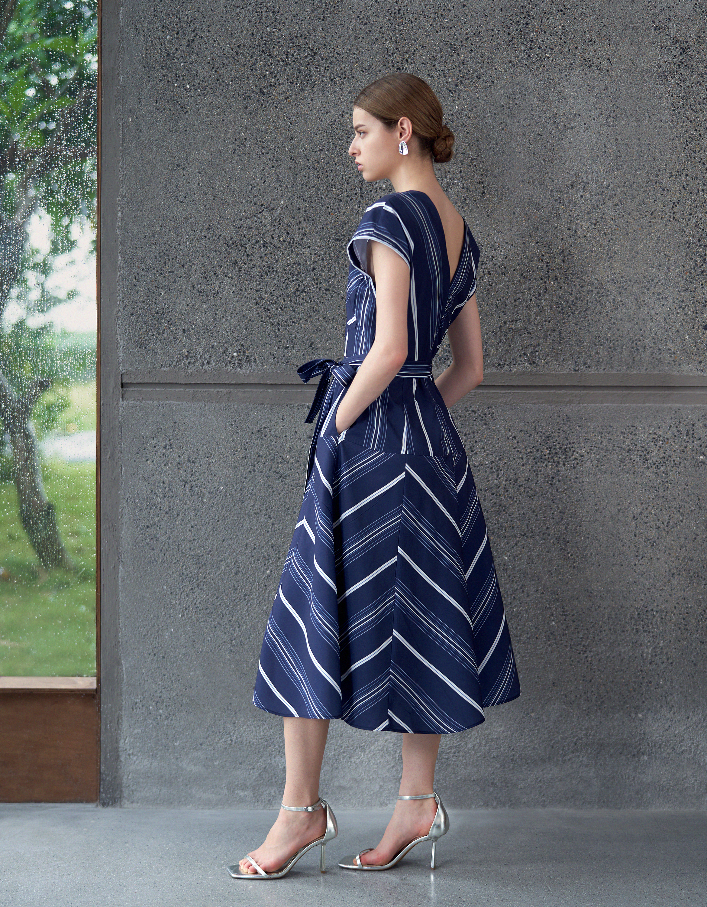 Wide Skirt V-neck Stripe Dress