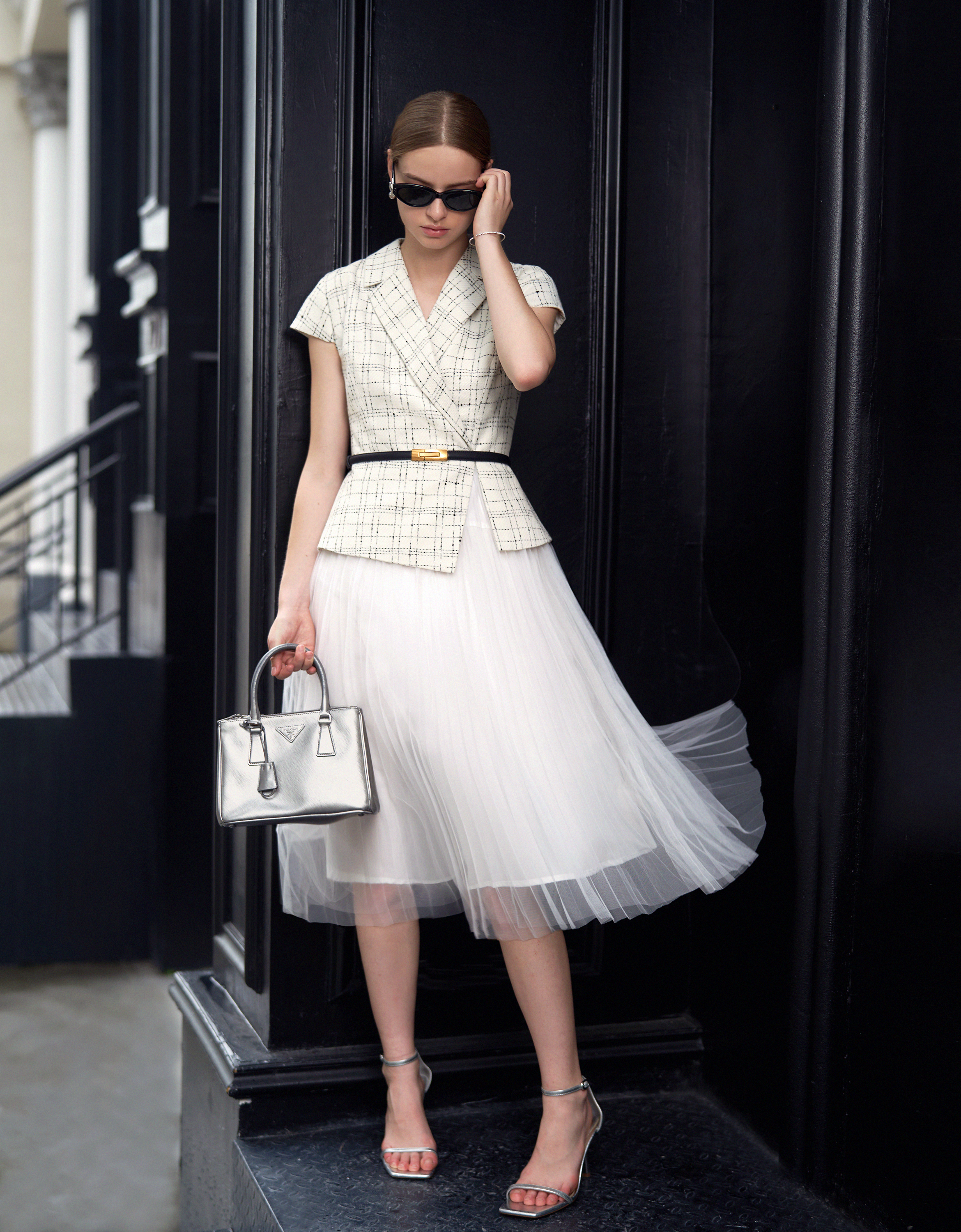 Contrast Mesh Skirt Checkered Midi Dress