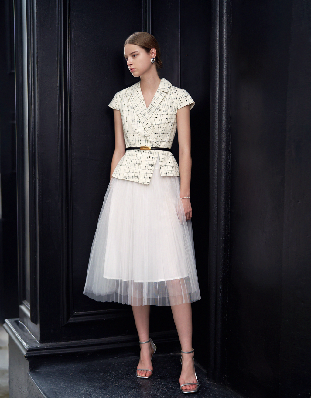 Contrast Mesh Skirt Checkered Midi Dress
