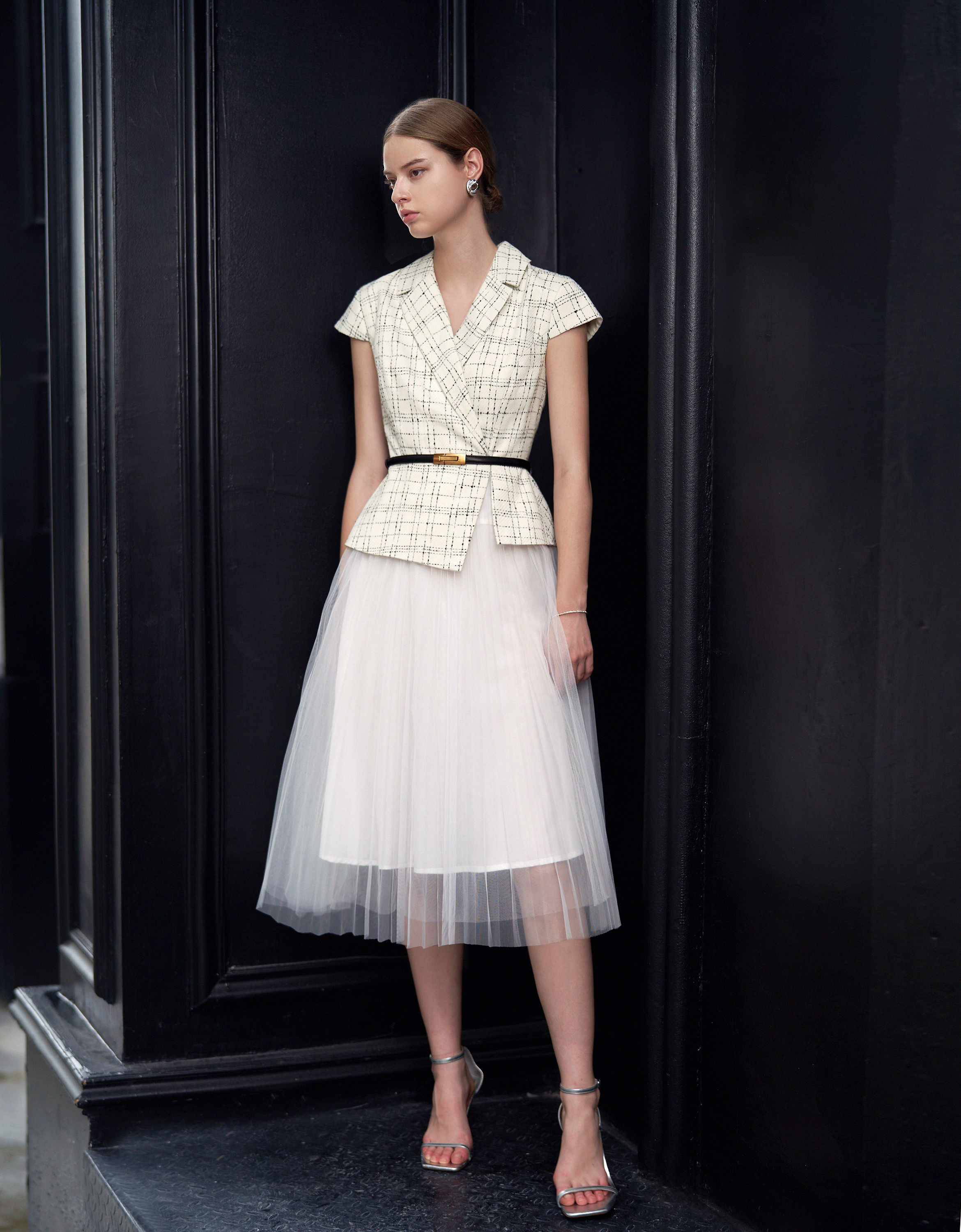 Contrast Mesh Skirt Checkered Midi Dress