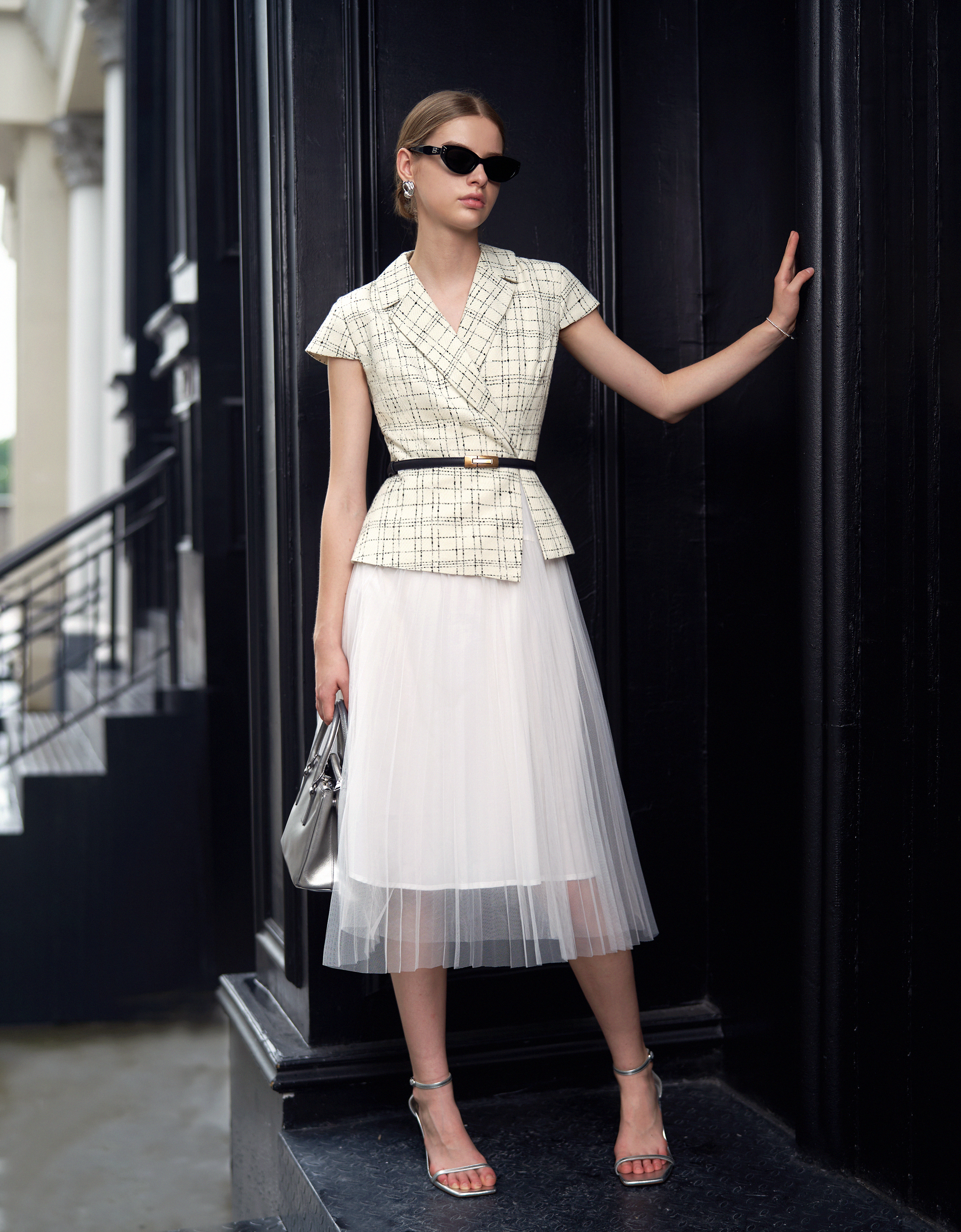 Contrast Mesh Skirt Checkered Midi Dress