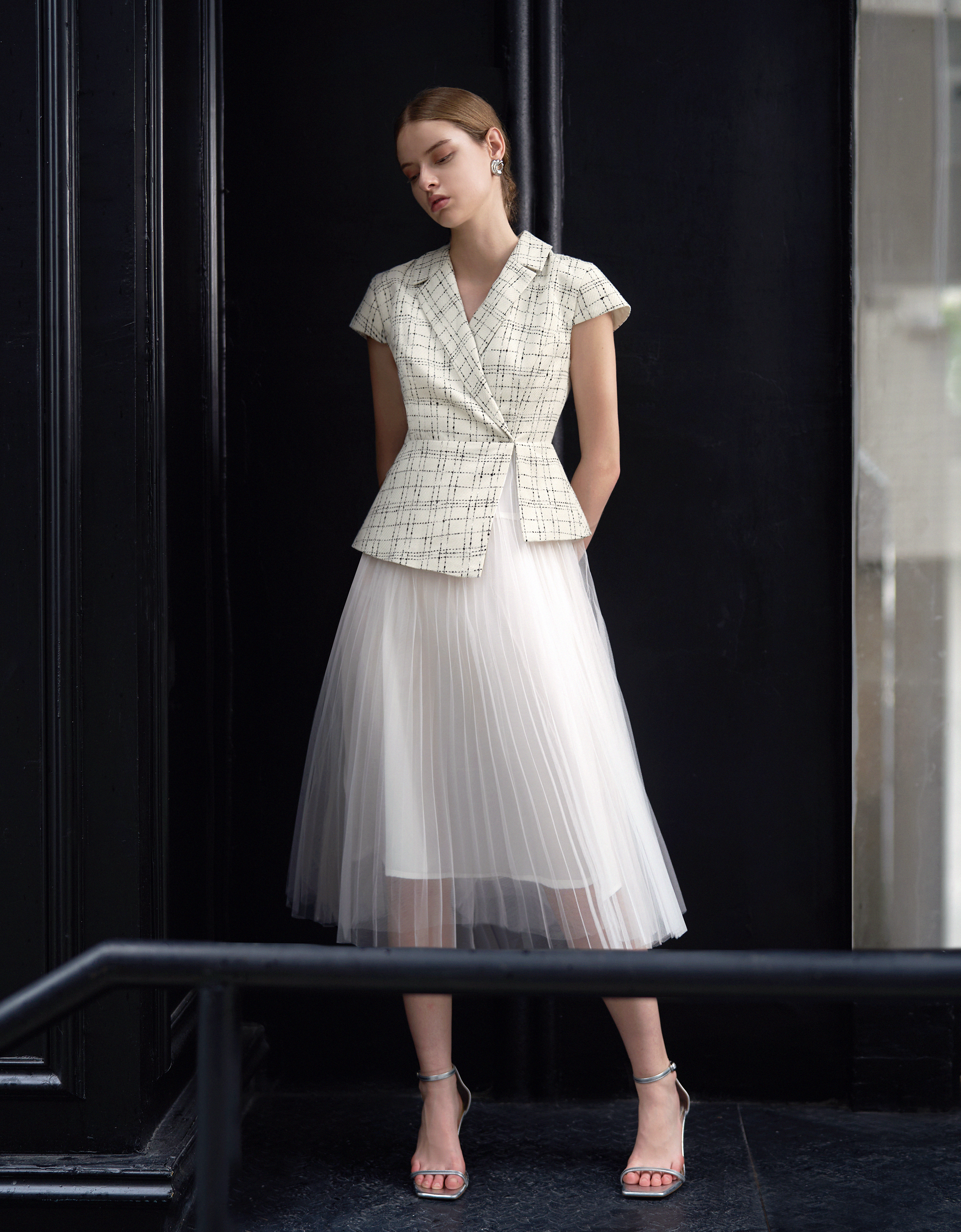 Contrast Mesh Skirt Checkered Midi Dress