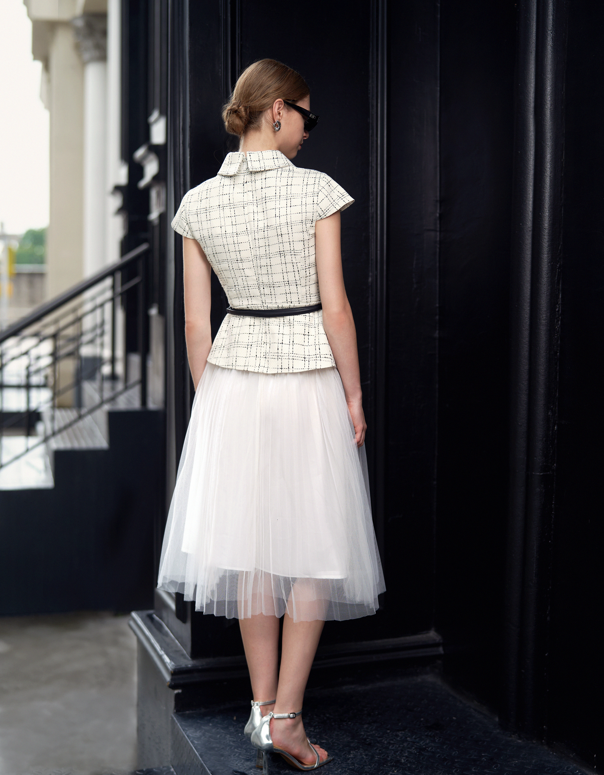 Contrast Mesh Skirt Checkered Midi Dress
