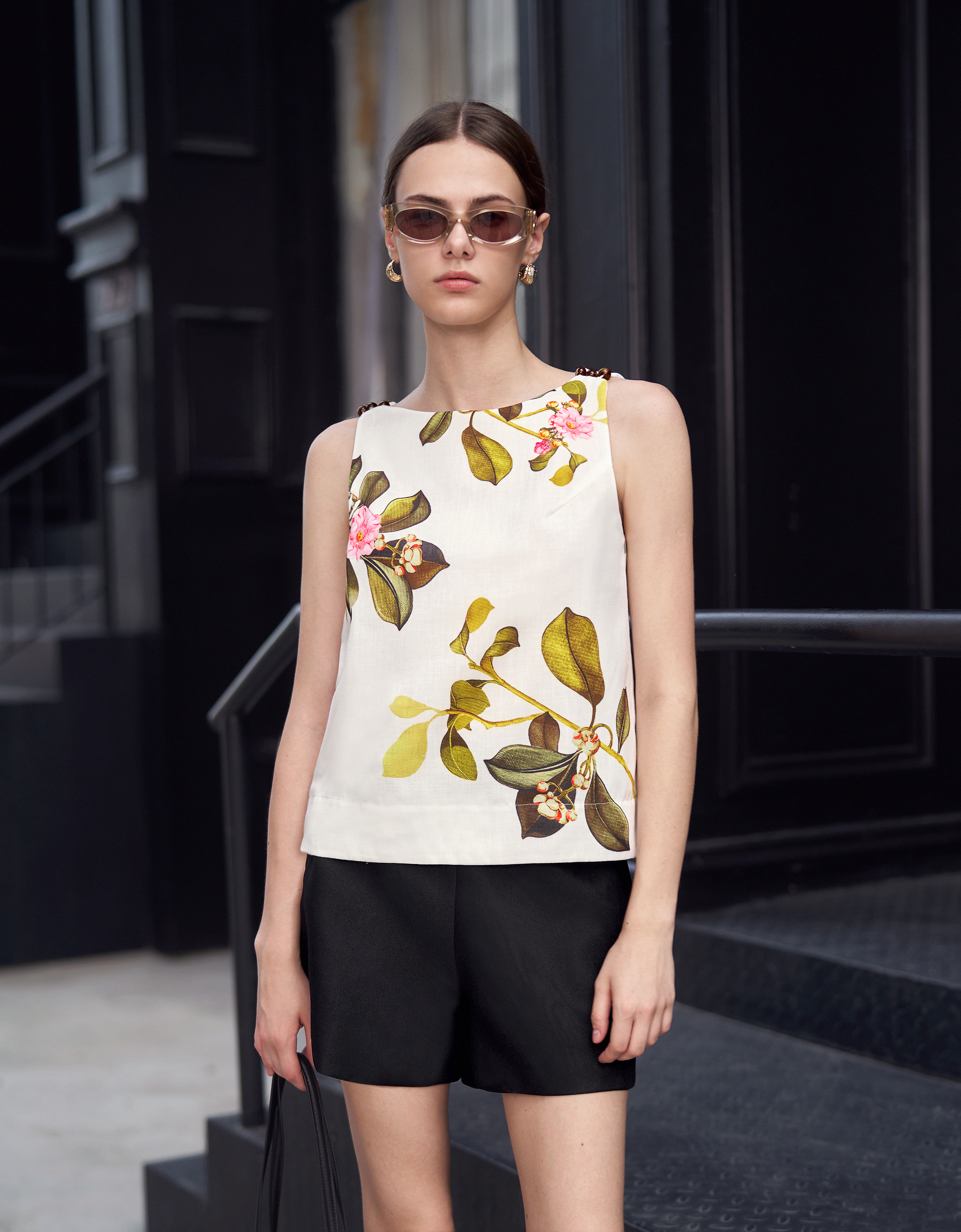 Botanical Print Beaded Shoulder Sleeveless Top