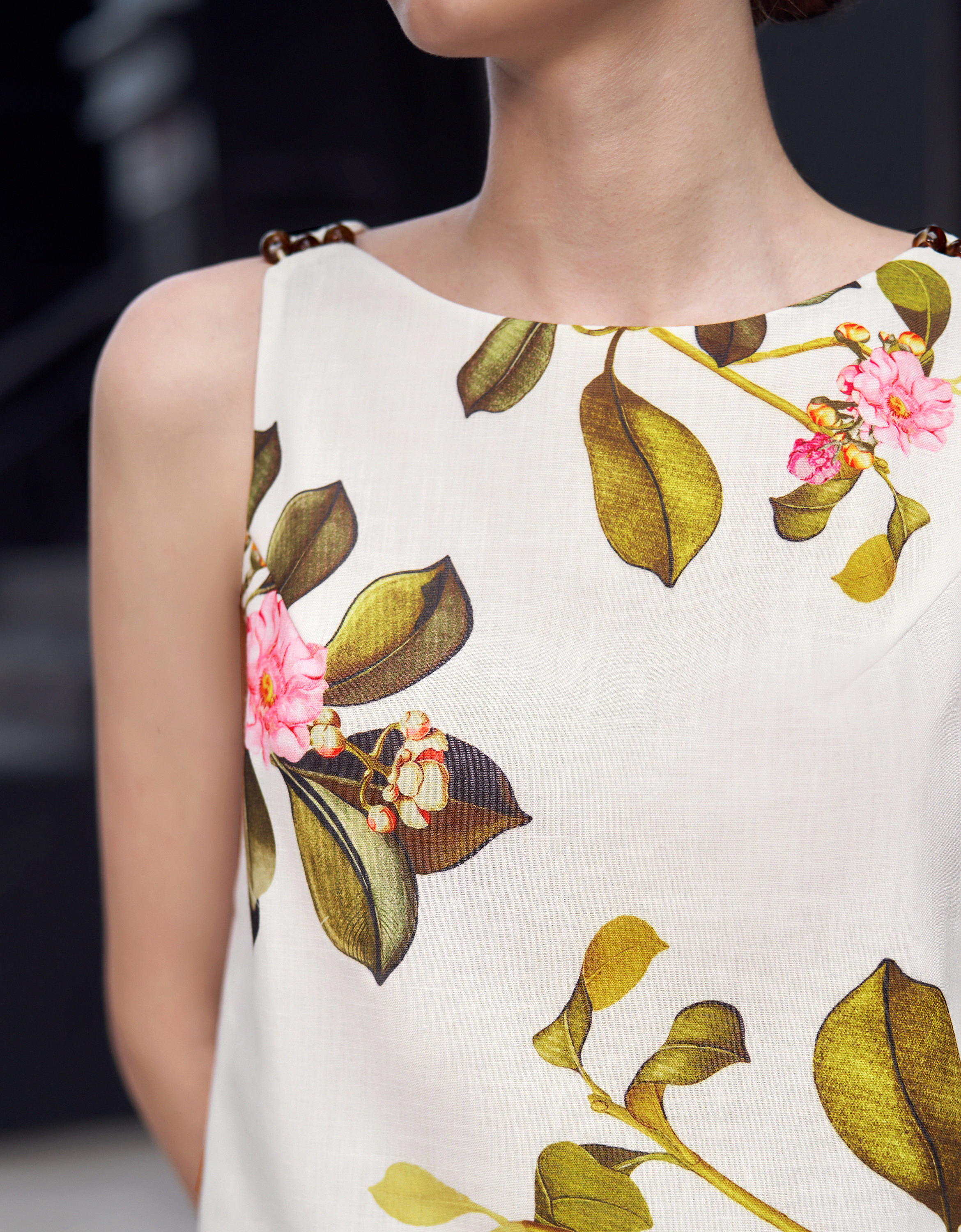 Botanical Print Beaded Shoulder Sleeveless Top