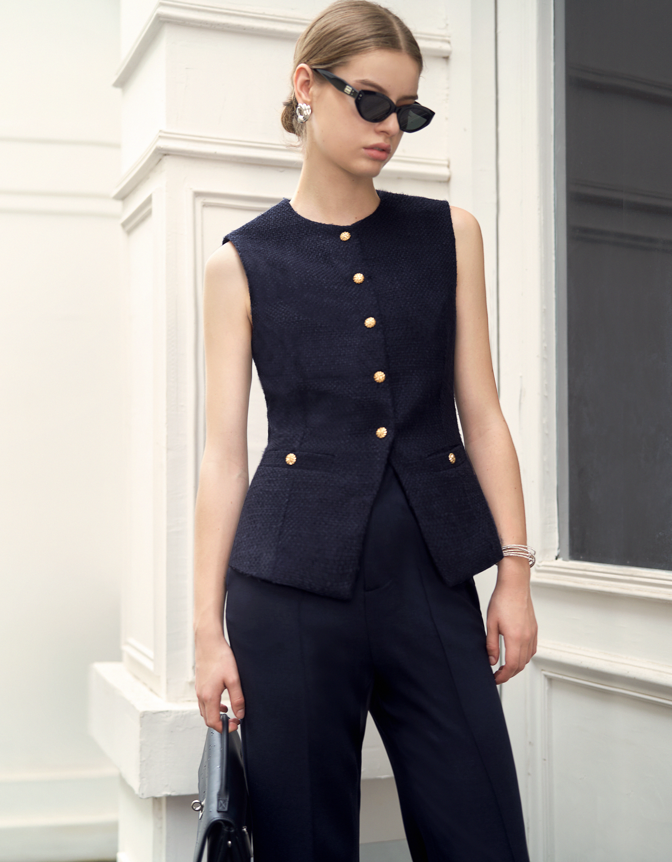 Round Neck Button Front Sleeveless Vest