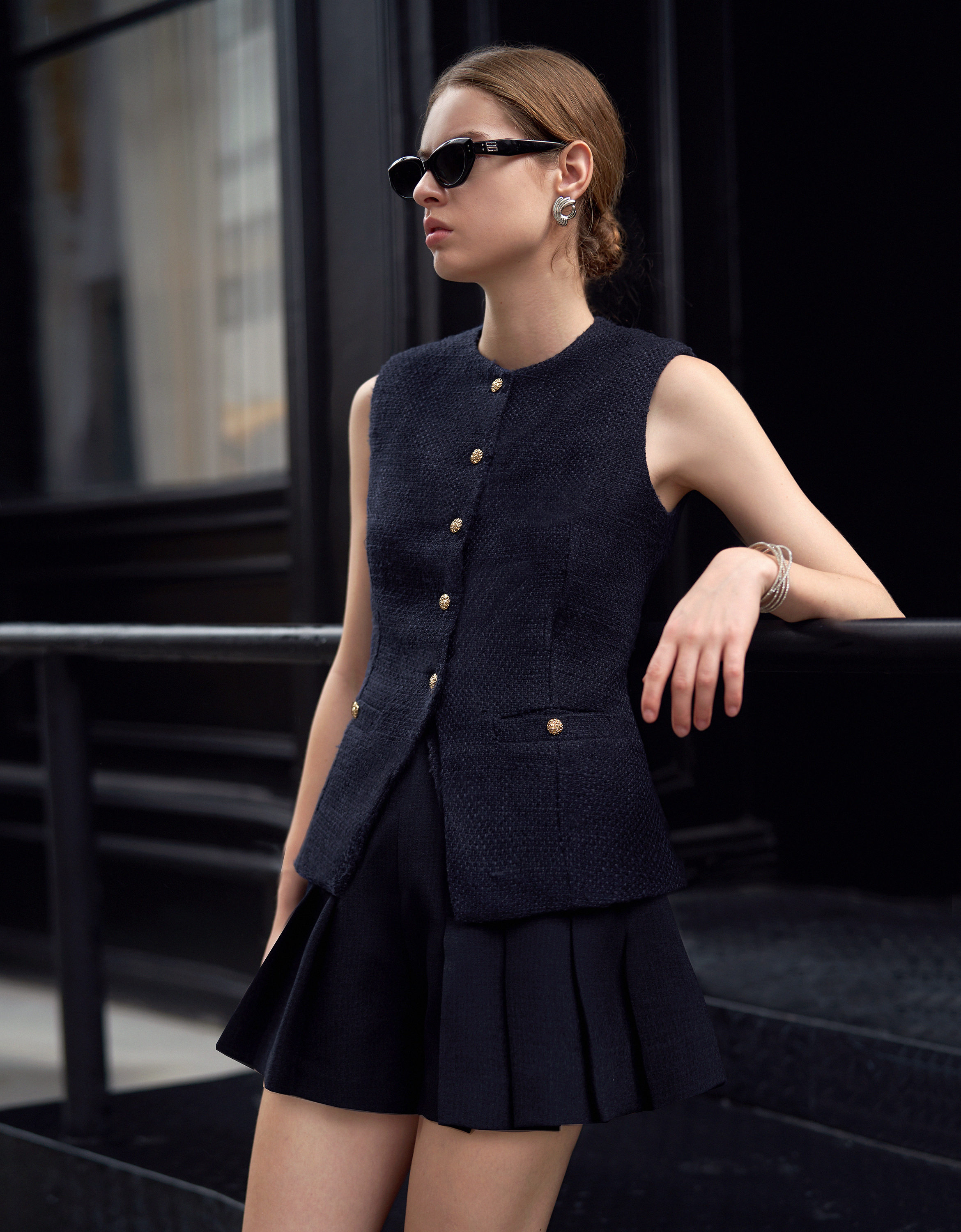 Round Neck Button Front Sleeveless Vest
