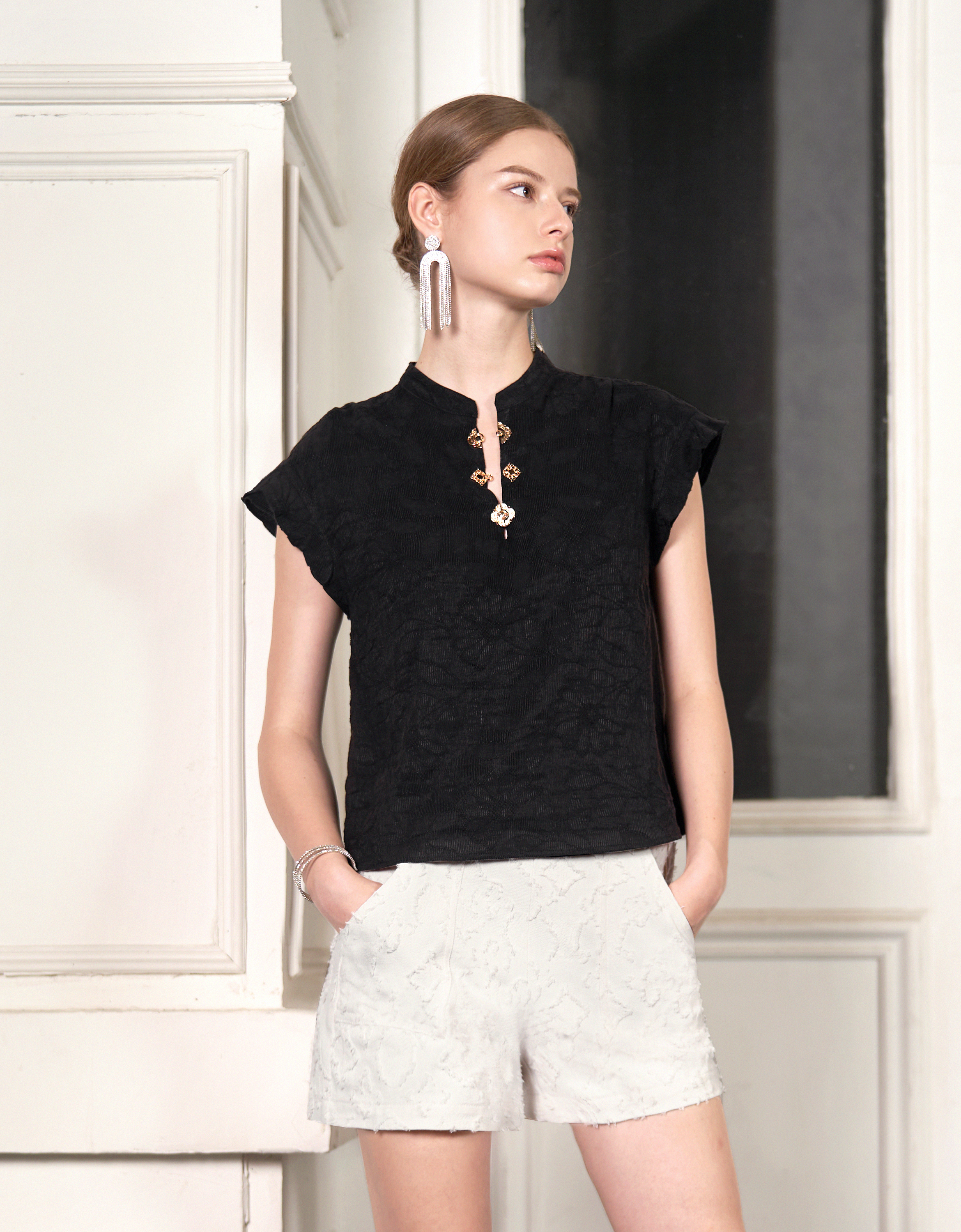 Ruffled Sleeve Textured Top