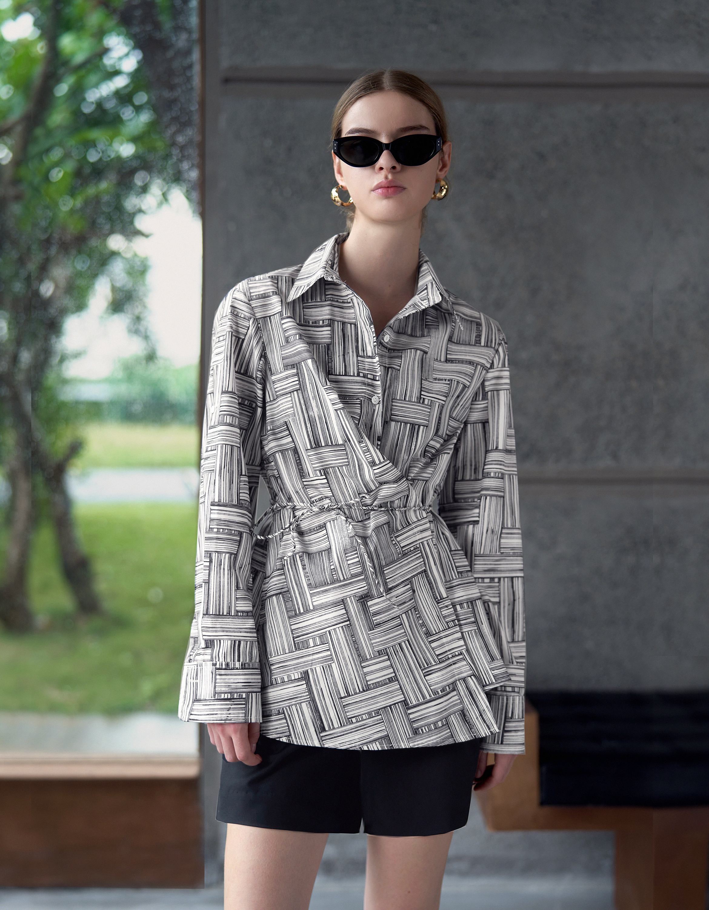 Asymmetric Wrap Front Long Sleeve Printed Shirt