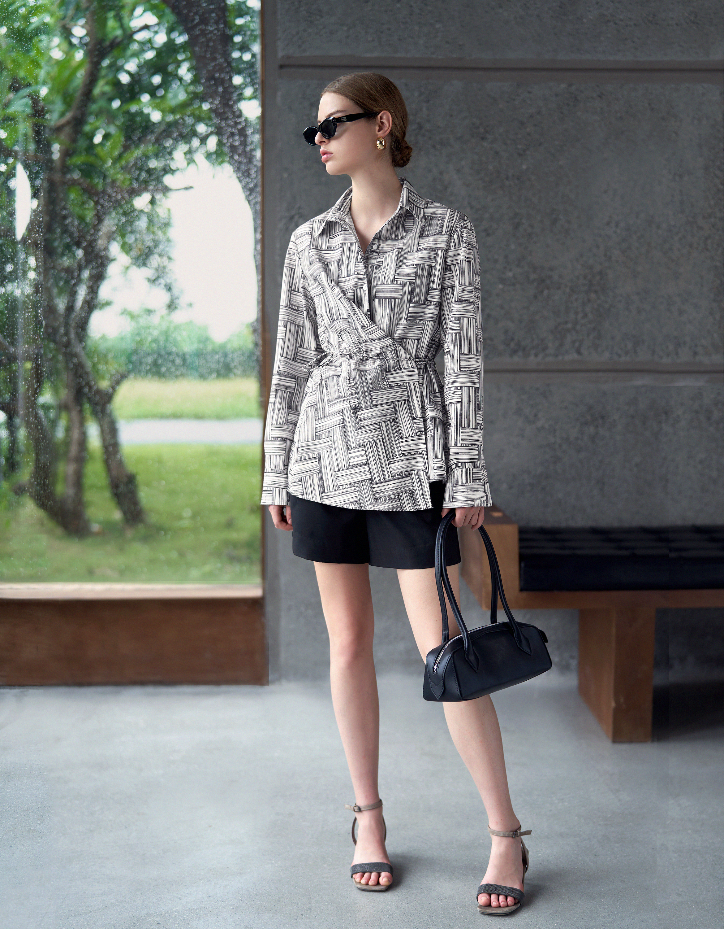 Asymmetric Wrap Front Long Sleeve Printed Shirt