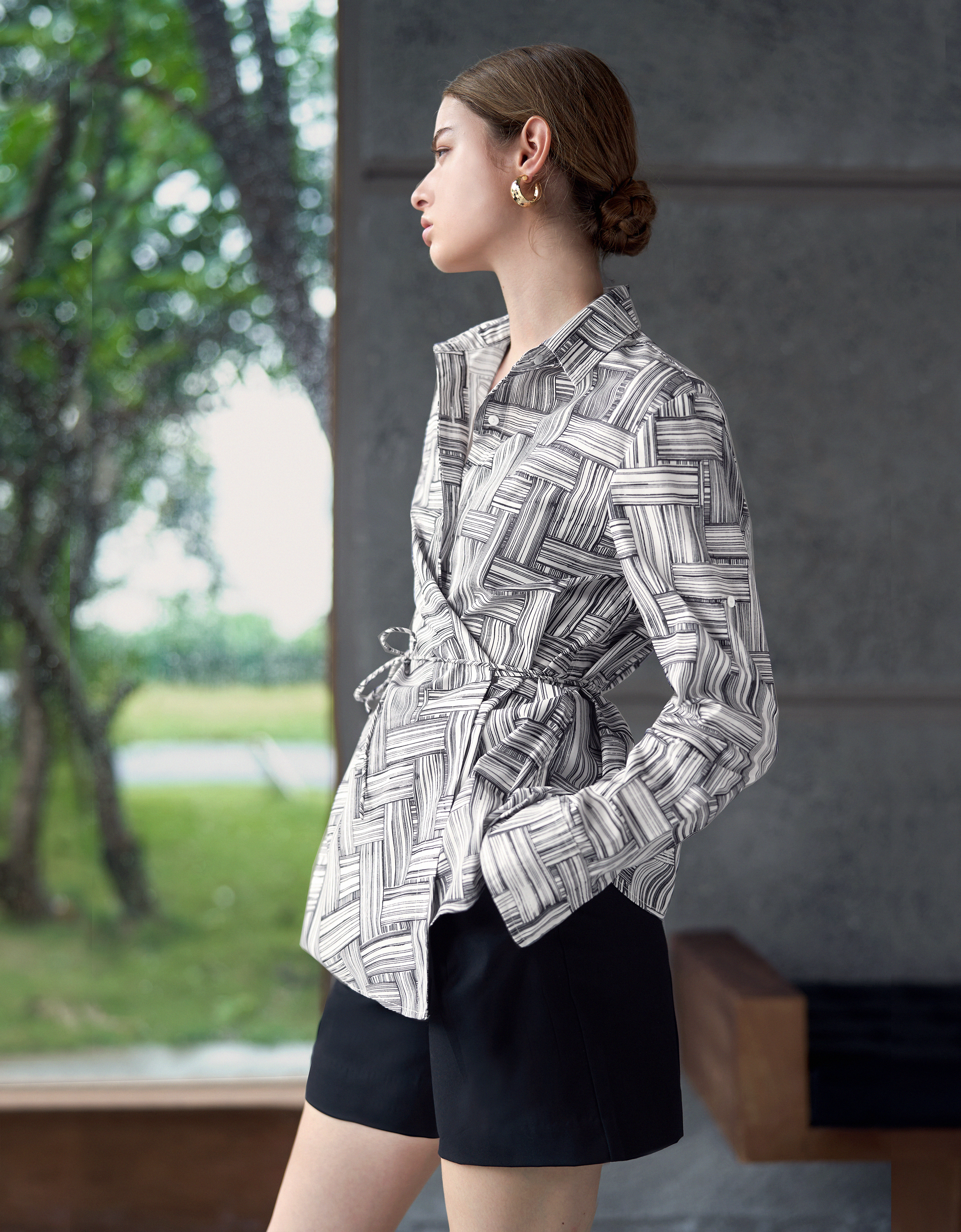 Asymmetric Wrap Front Long Sleeve Printed Shirt