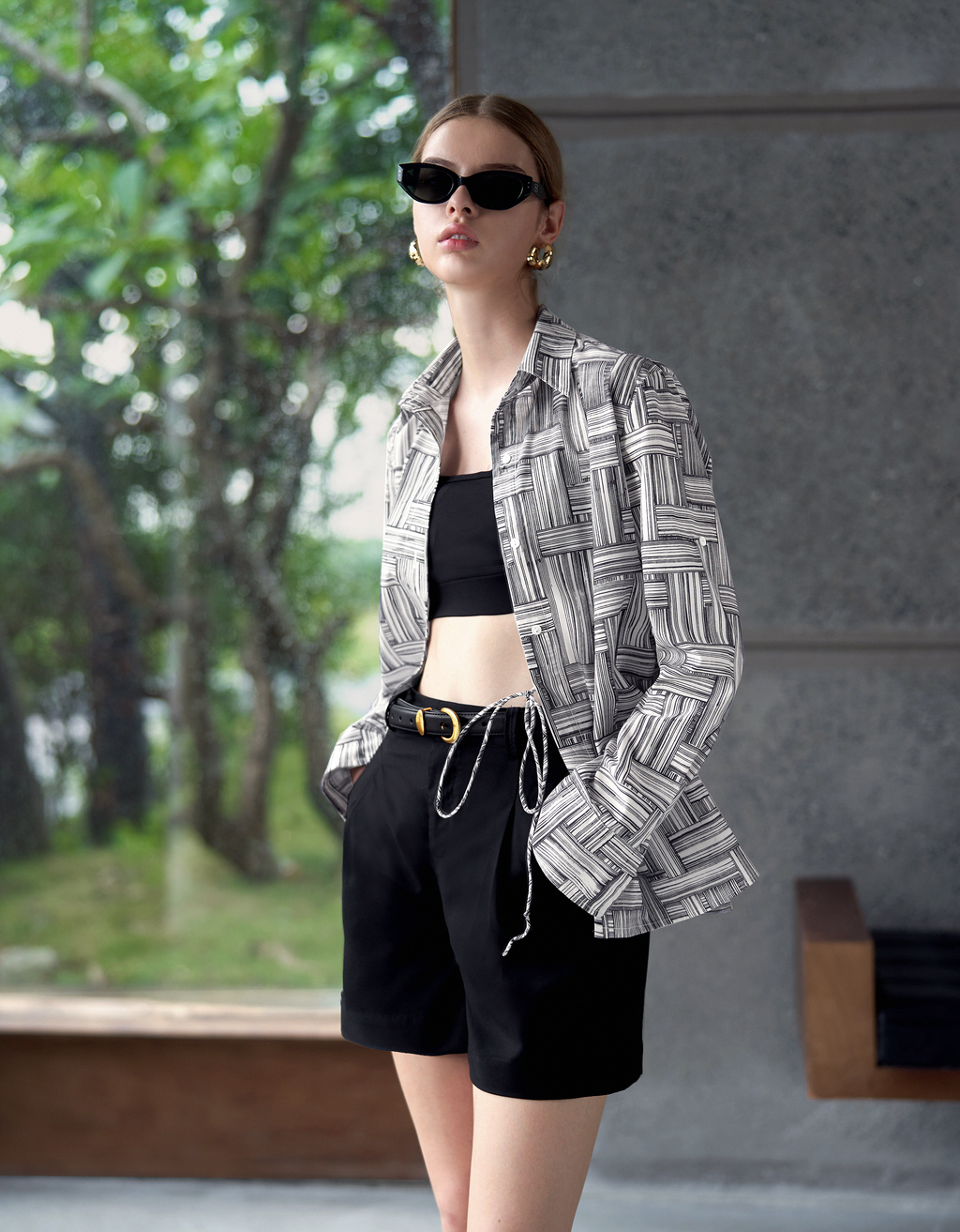 Asymmetric Wrap Front Long Sleeve Printed Shirt