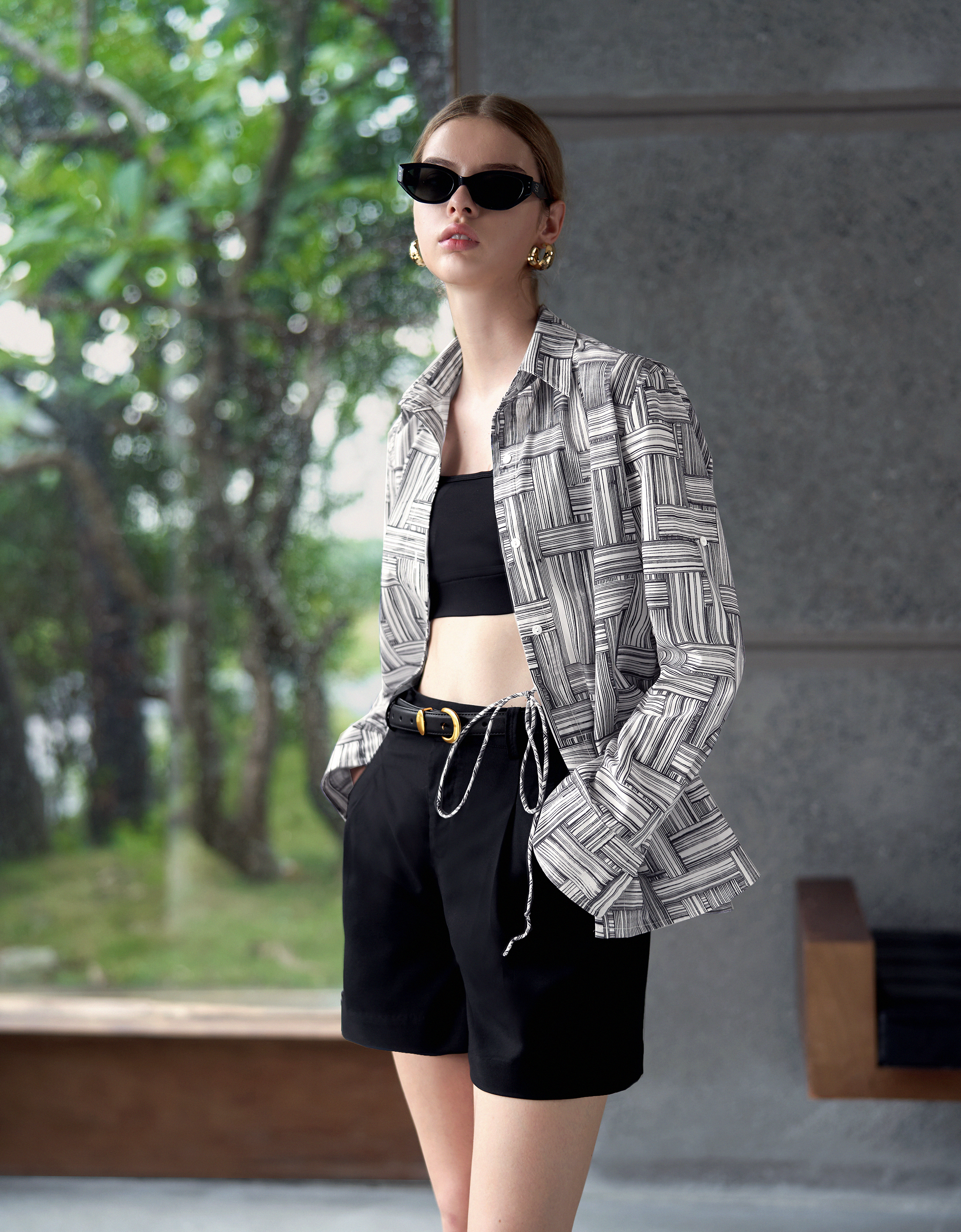Asymmetric Wrap Front Long Sleeve Printed Shirt