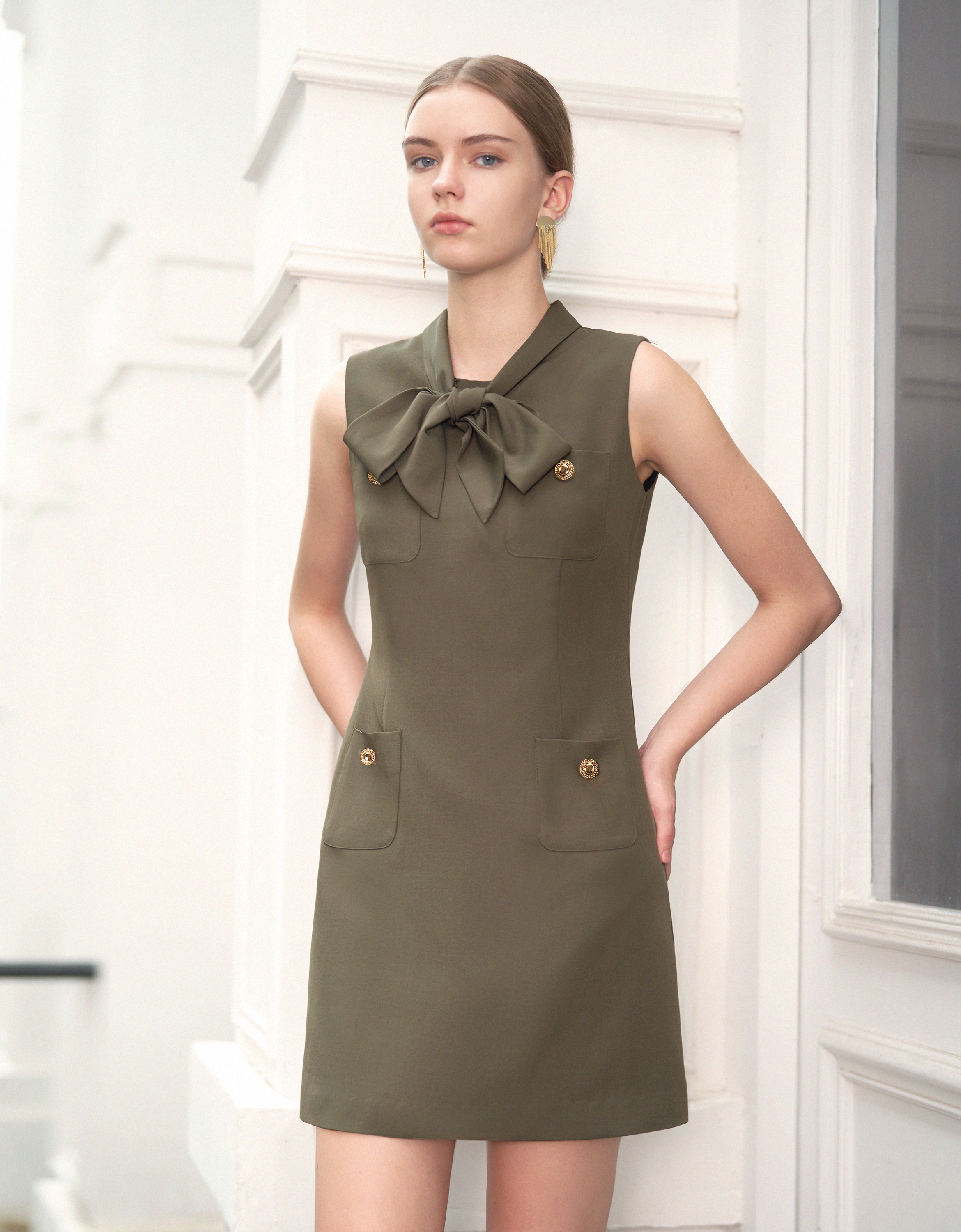 Bow Tie Pocket Front Sleeveless Dress