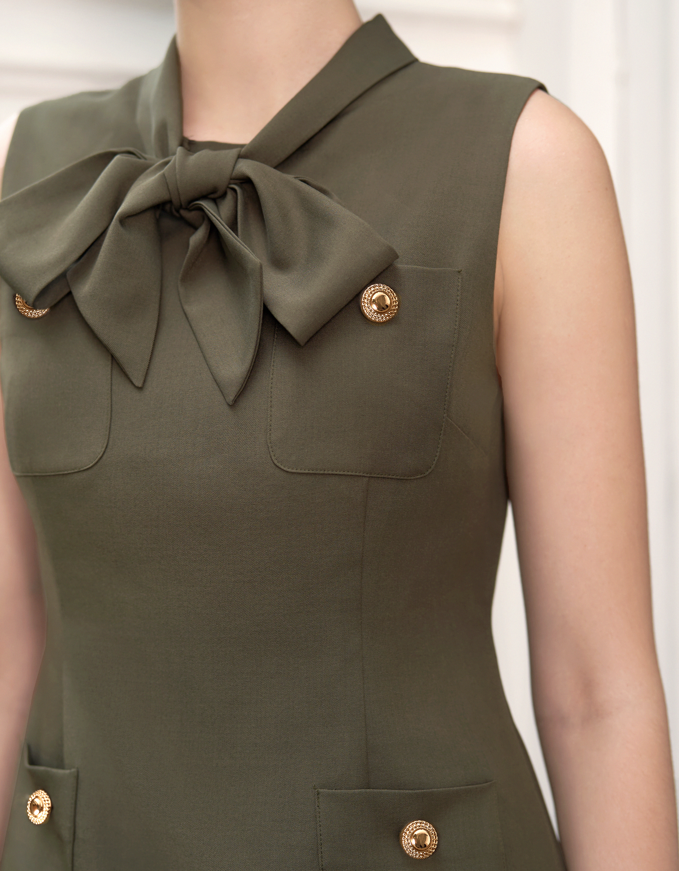 Bow Tie Pocket Front Sleeveless Dress