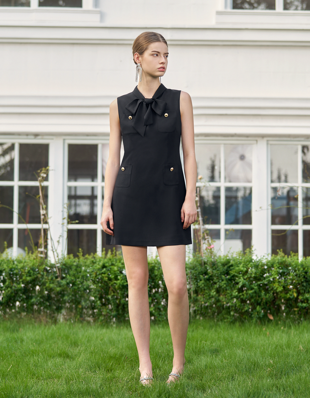 Bow Tie Pocket Front Sleeveless Dress